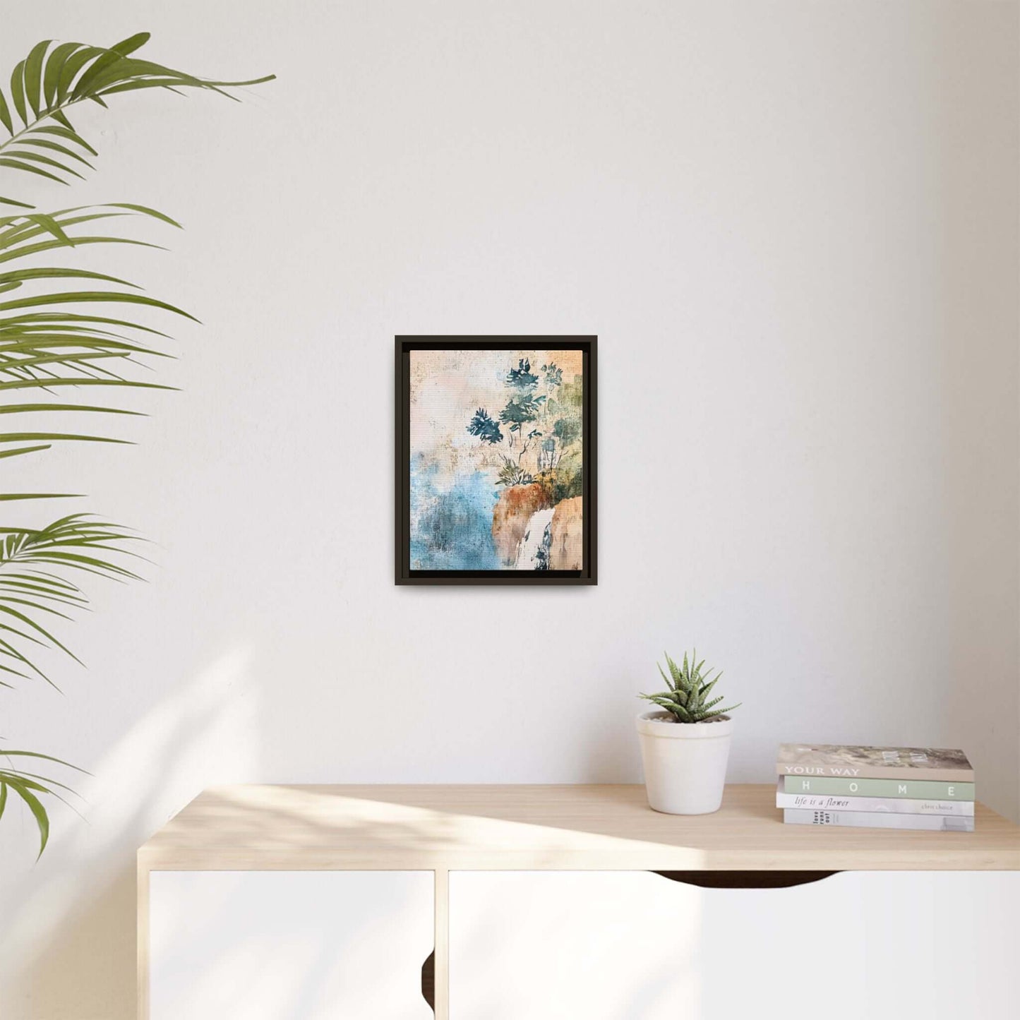Framed watercolor canvas featuring misty forest landscape decor, adding elegance and tranquility to interior space.