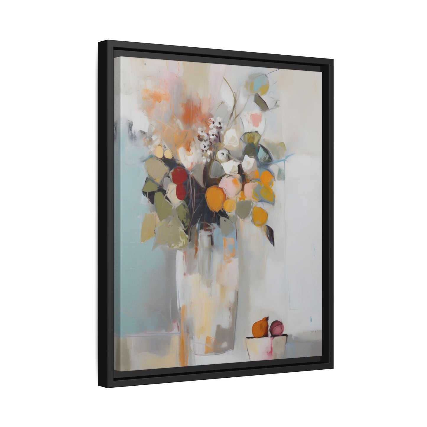 Colorful Floral Still Life Wall Art – Framed Abstract Canvas with Bright Blooms and Fruit Bowl