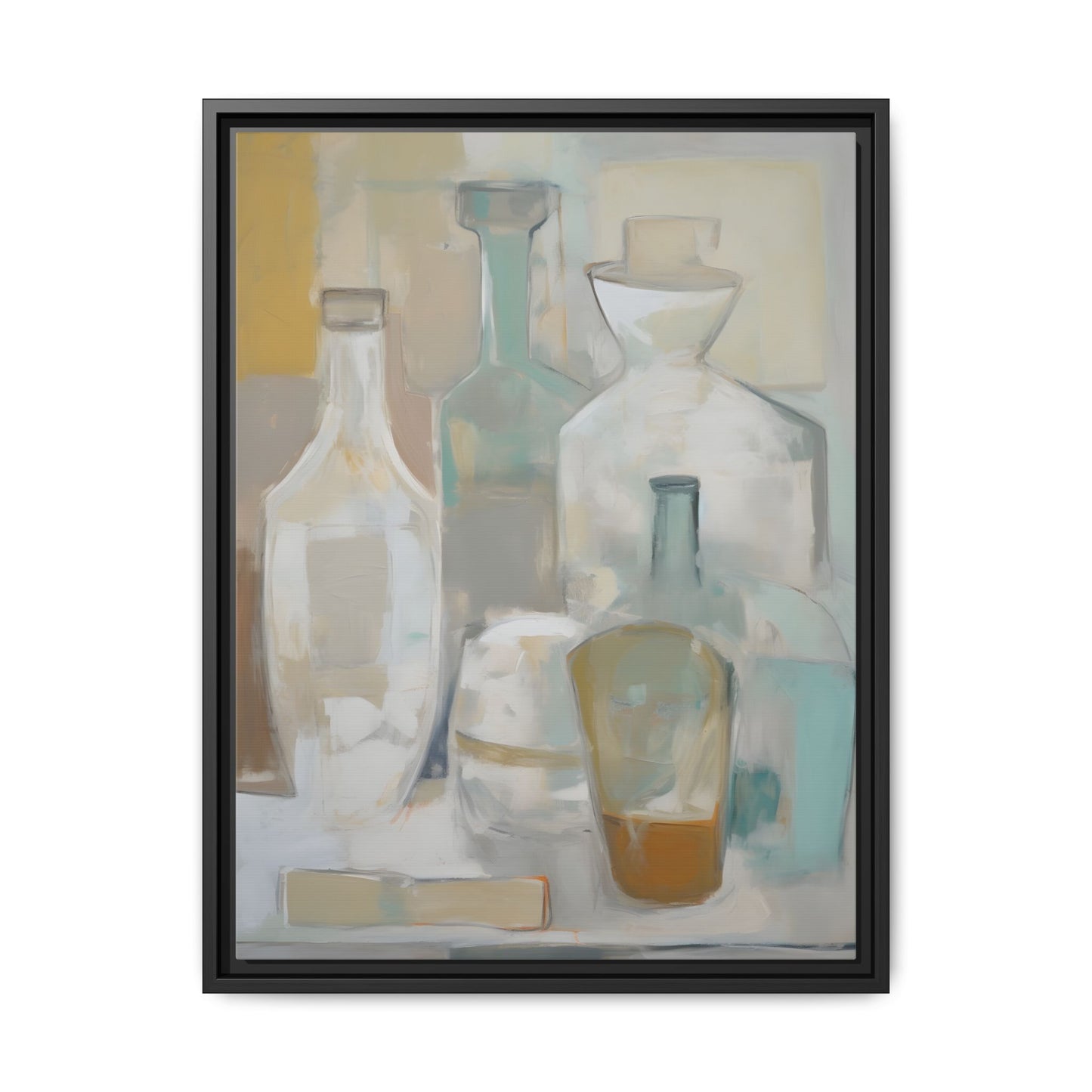 Modern Still Life Wall Art – Neutral Bottles Framed Canvas in Beige, Aqua & Amber