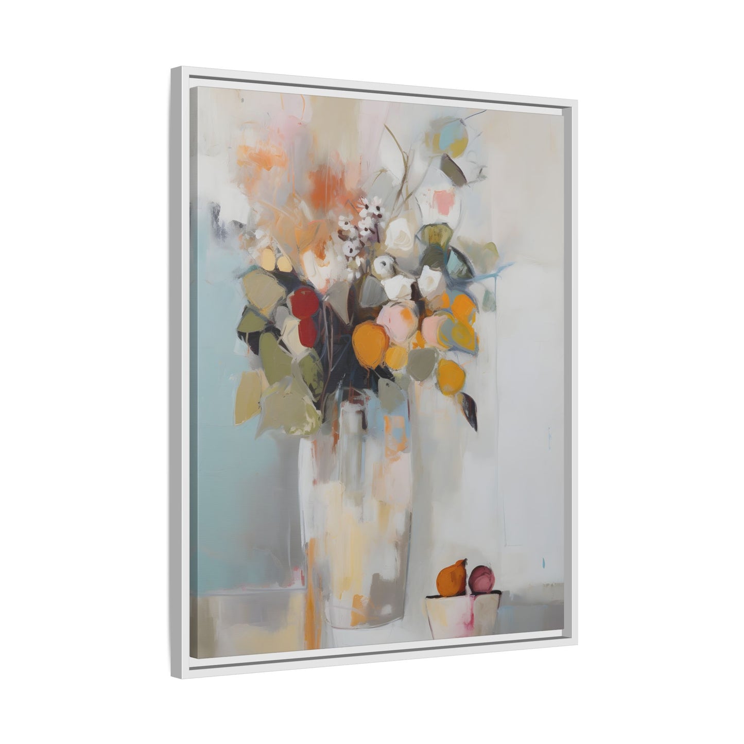 Colorful Floral Still Life Wall Art – Framed Abstract Canvas with Bright Blooms and Fruit Bowl