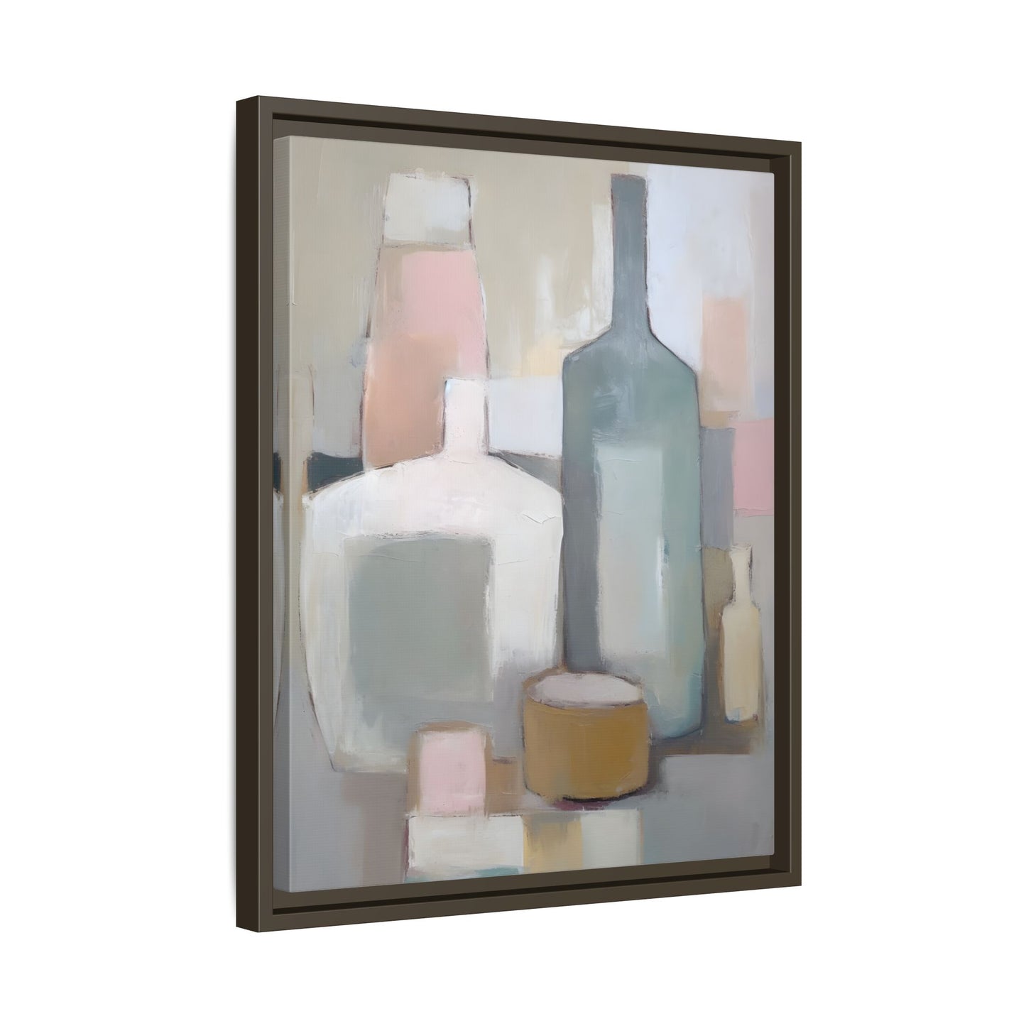 Modern Abstract Bottle Still Life Wall Art – Framed Canvas in Soft Pink, Blue, and Beige