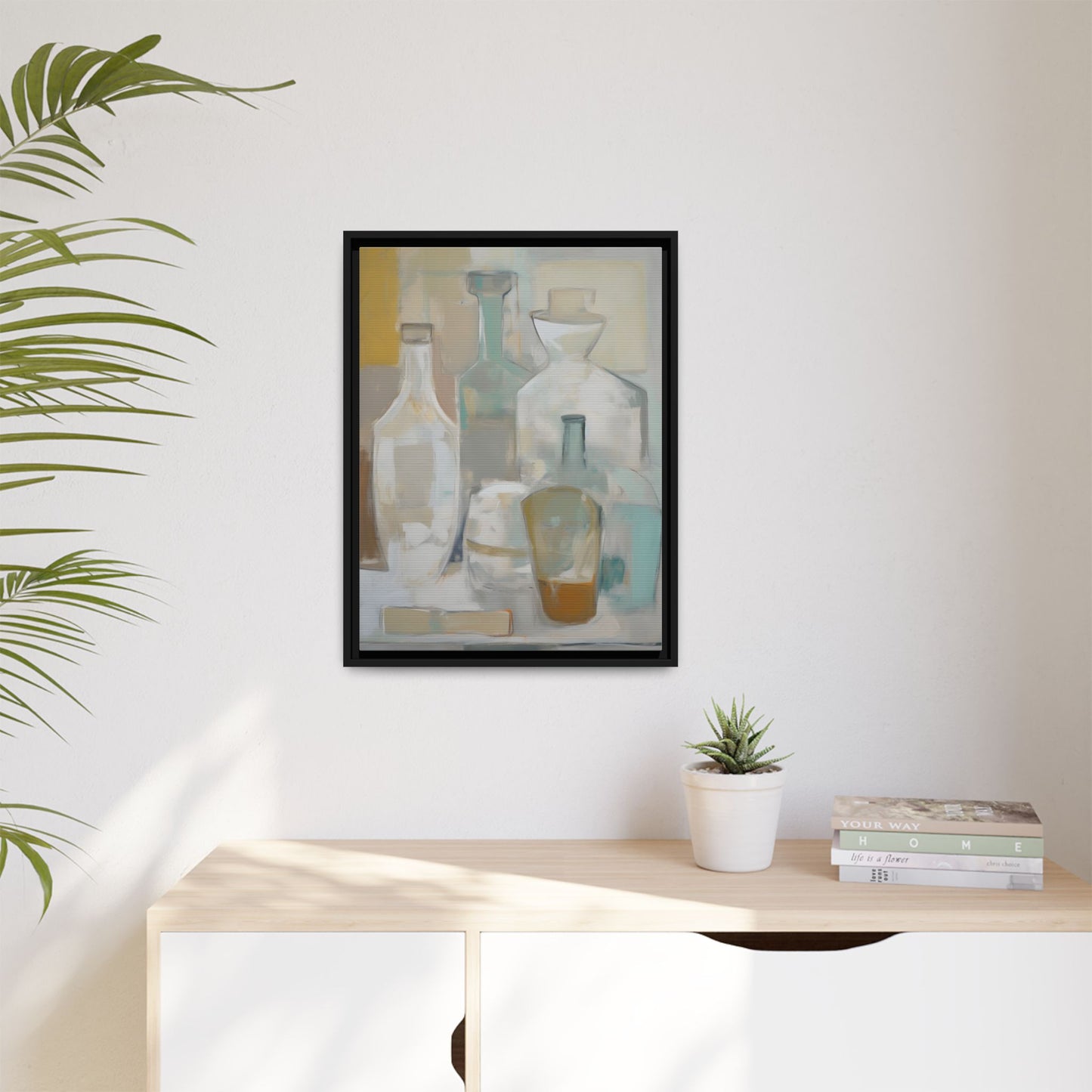 Modern Still Life Wall Art – Neutral Bottles Framed Canvas in Beige, Aqua & Amber