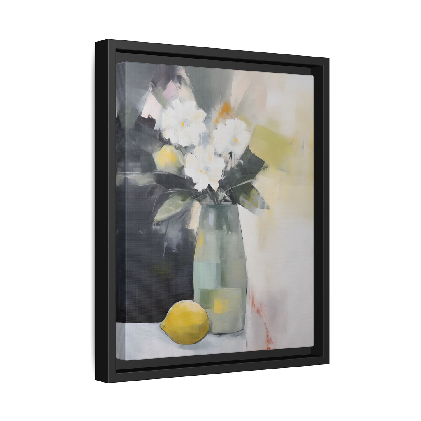 Modern Floral Still Life Wall Art – Framed Canvas with White Flowers and Lemon in Soft Green Vase