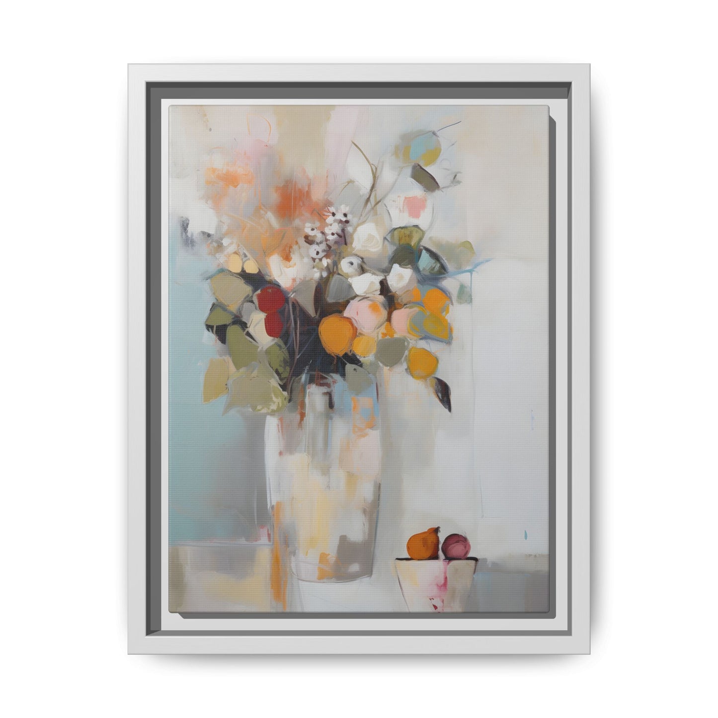 Colorful Floral Still Life Wall Art – Framed Abstract Canvas with Bright Blooms and Fruit Bowl