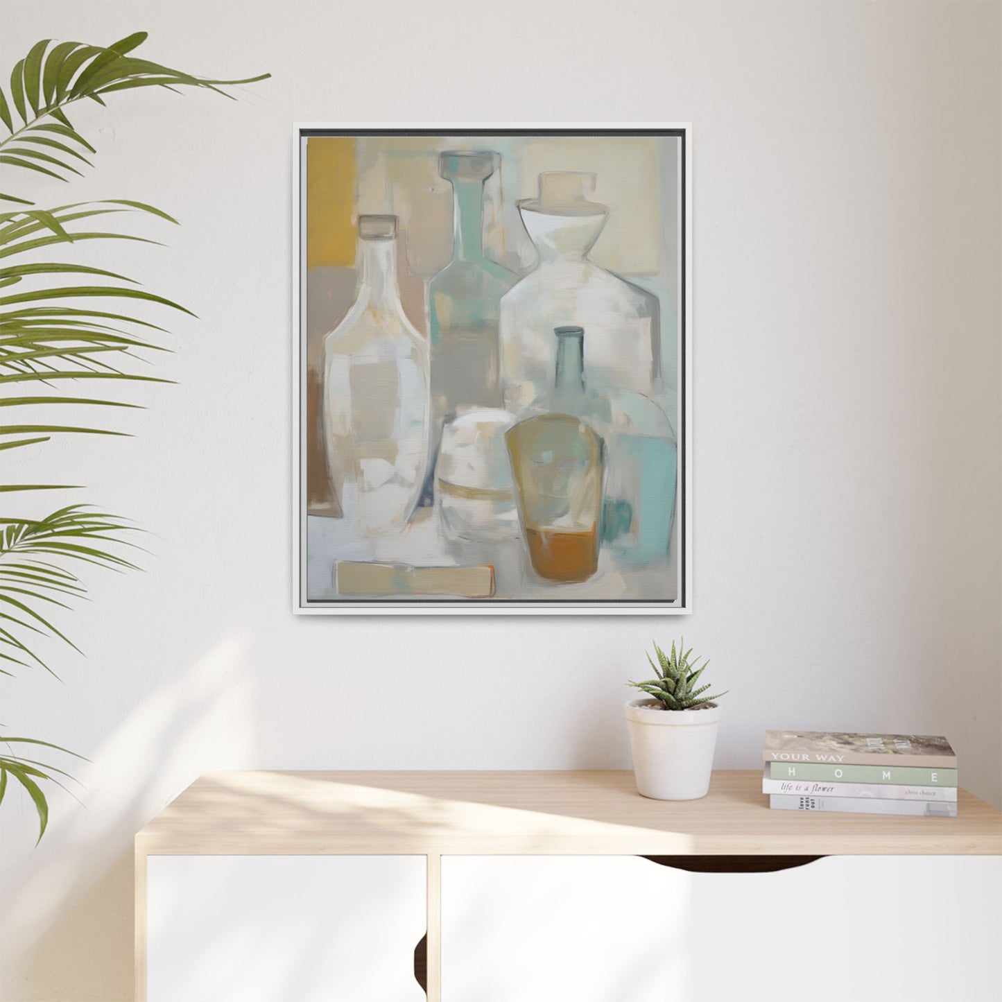 Modern Still Life Wall Art – Neutral Bottles Framed Canvas in Beige, Aqua & Amber