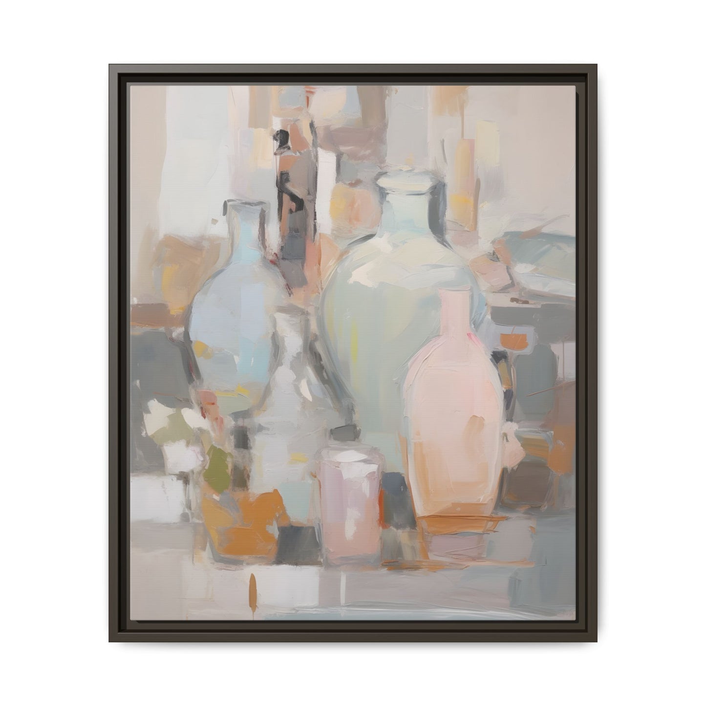 Modern Abstract Still Life Wall Art – Colorful Framed Canvas with Blue, Pink & Terracotta Bottles