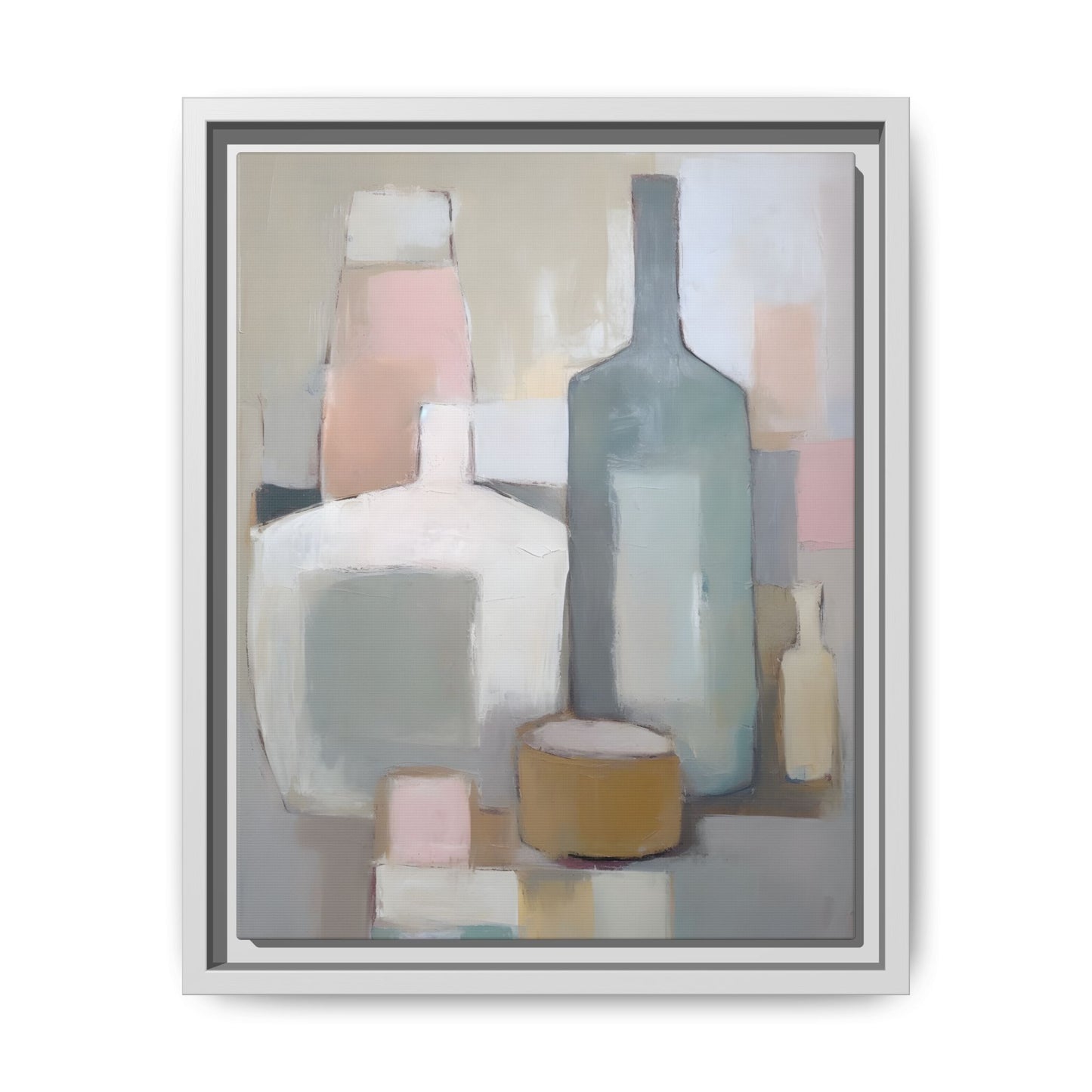 Modern Abstract Bottle Still Life Wall Art – Framed Canvas in Soft Pink, Blue, and Beige