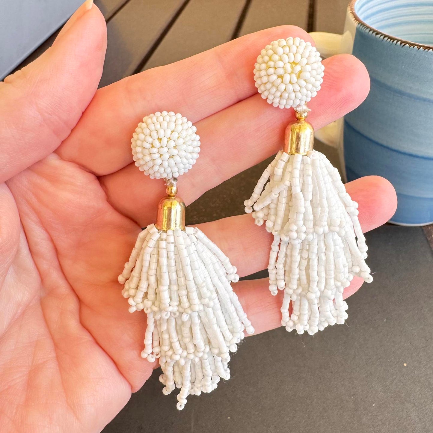 Elegant Vintage White Beaded Tassel Earrings