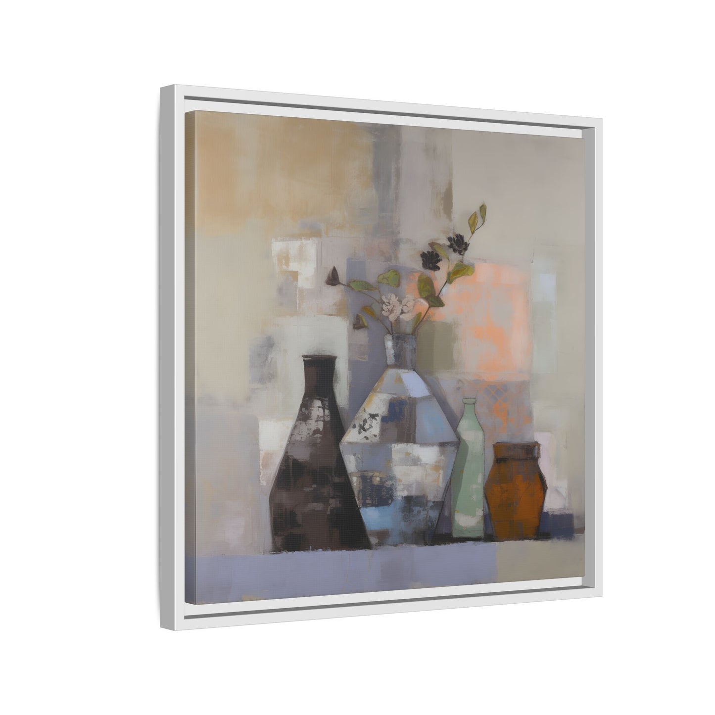Earthy Bottle Still Life Wall Art – Framed Abstract Canvas with Geometric Vases in Neutral Tones