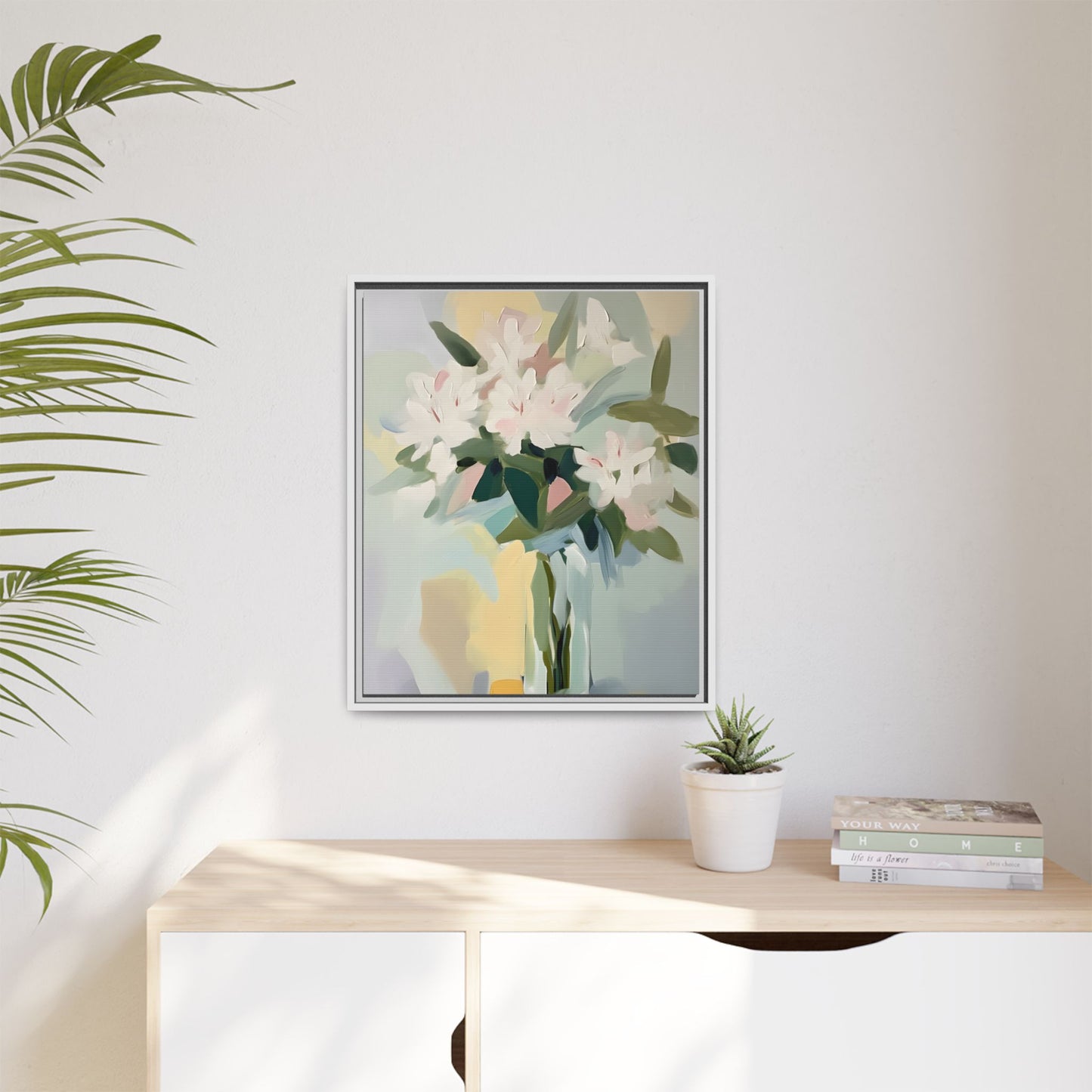 Soft Abstract Floral Wall Art – Framed Modern Canvas with White Flowers in Green Vase