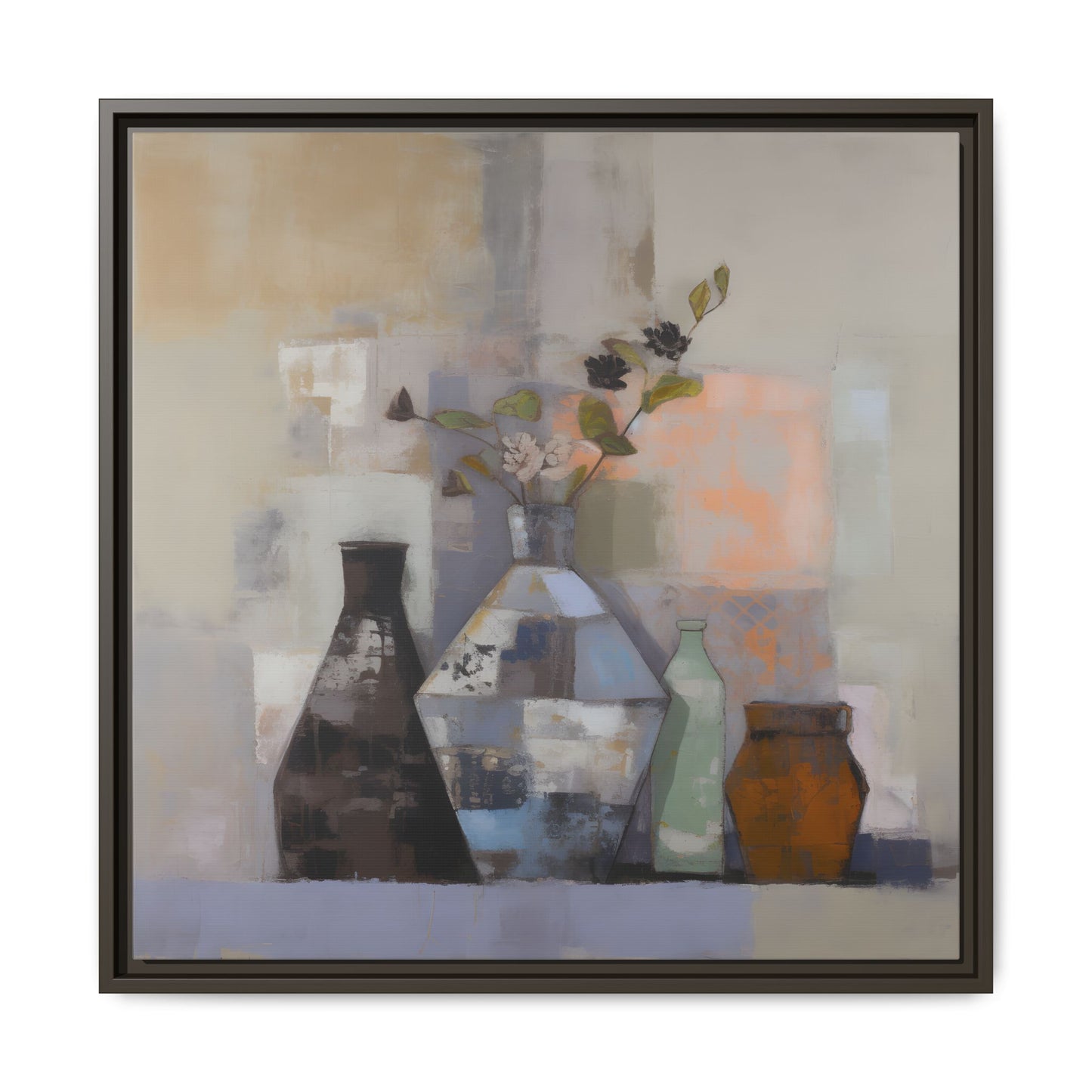 Earthy Bottle Still Life Wall Art – Framed Abstract Canvas with Geometric Vases in Neutral Tones