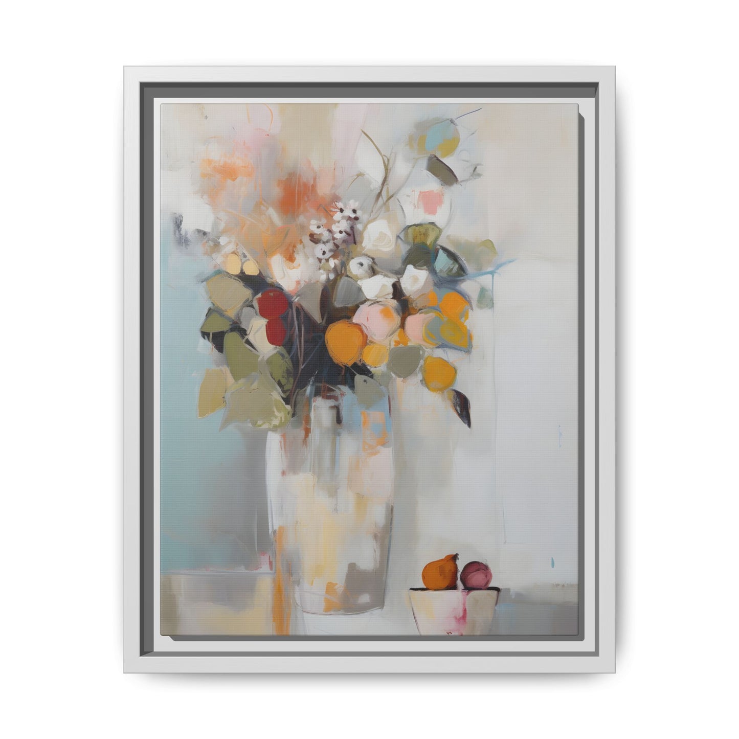 Colorful Floral Still Life Wall Art – Framed Abstract Canvas with Bright Blooms and Fruit Bowl
