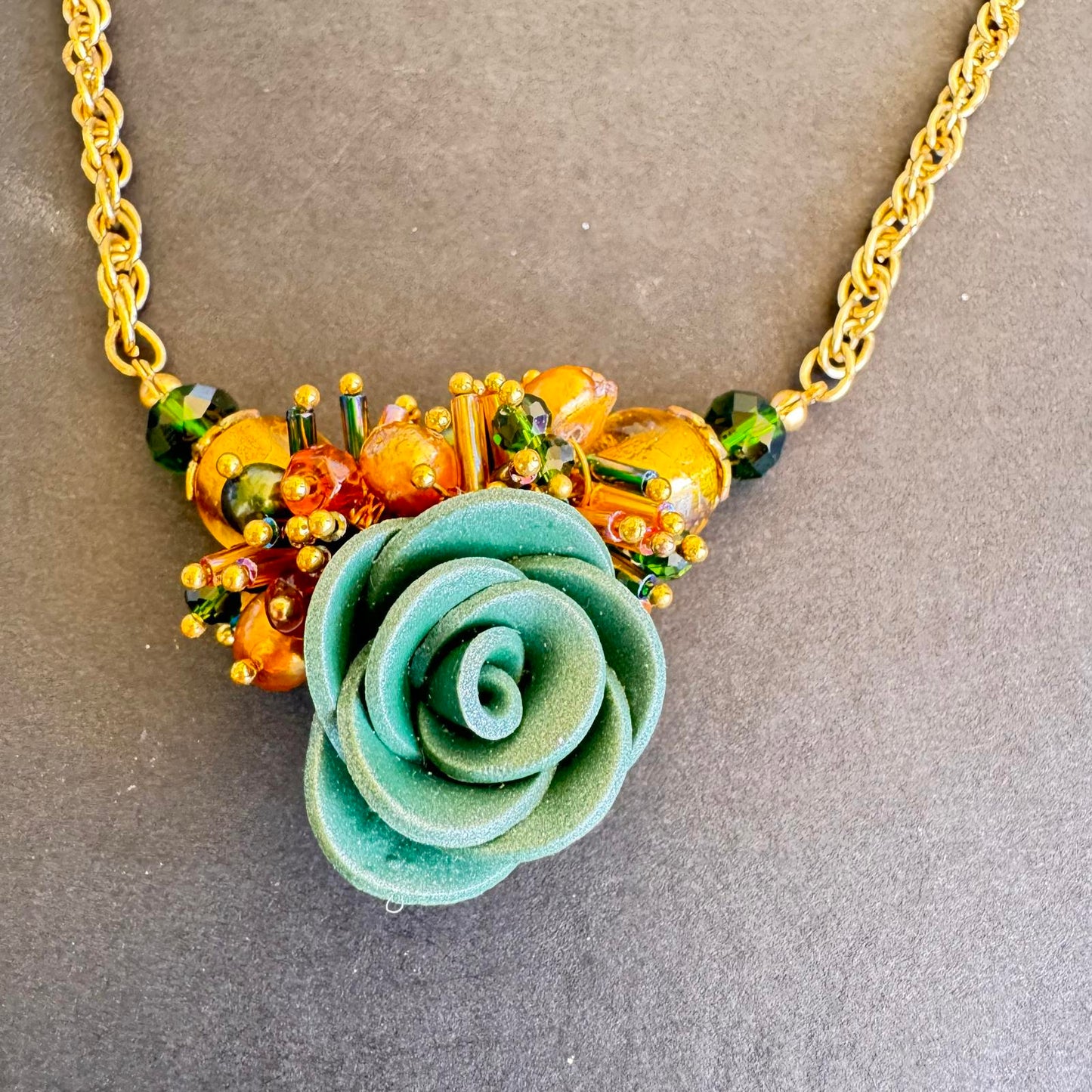 Handcrafted Floral Statement Necklace with Gold Tone Accents