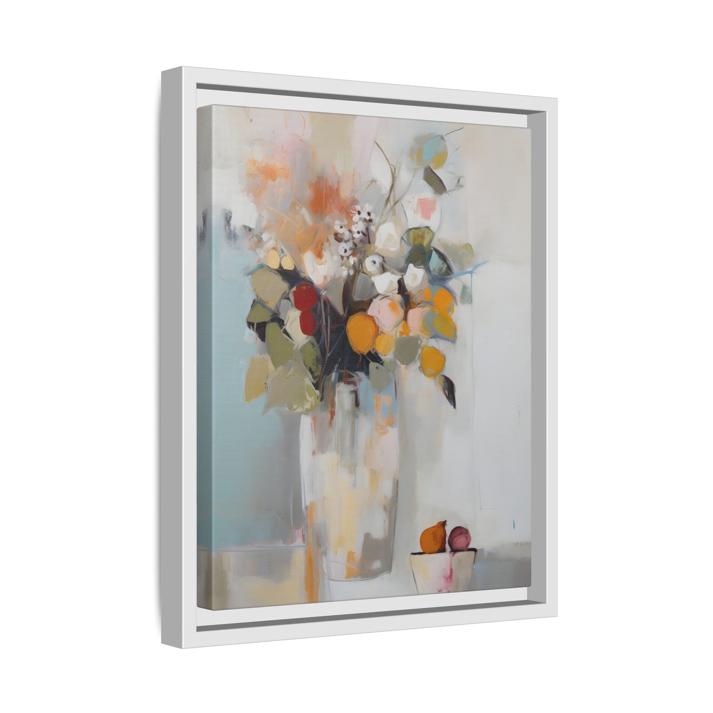 Colorful Floral Still Life Wall Art – Framed Abstract Canvas with Bright Blooms and Fruit Bowl