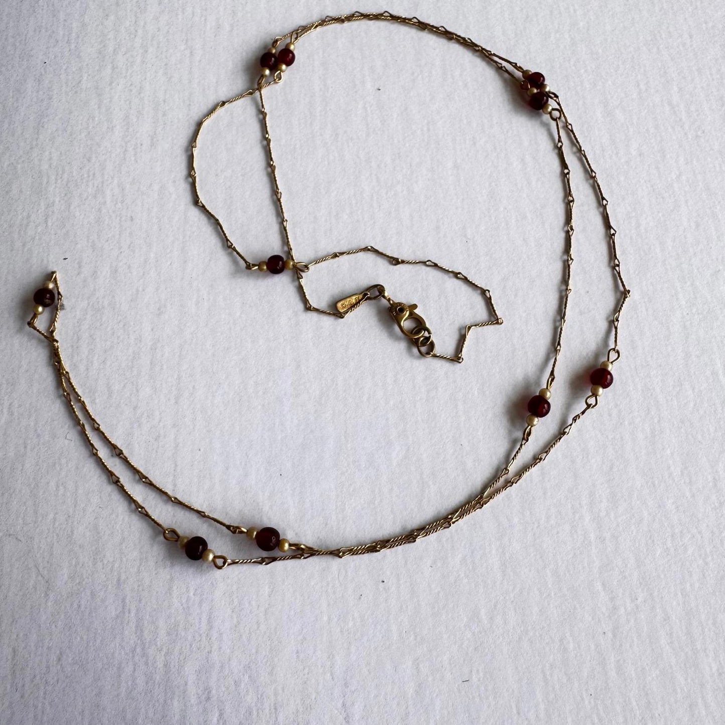 Monet Signed Vintage Elegant Gold Tone & Red Beaded Necklace Dainty