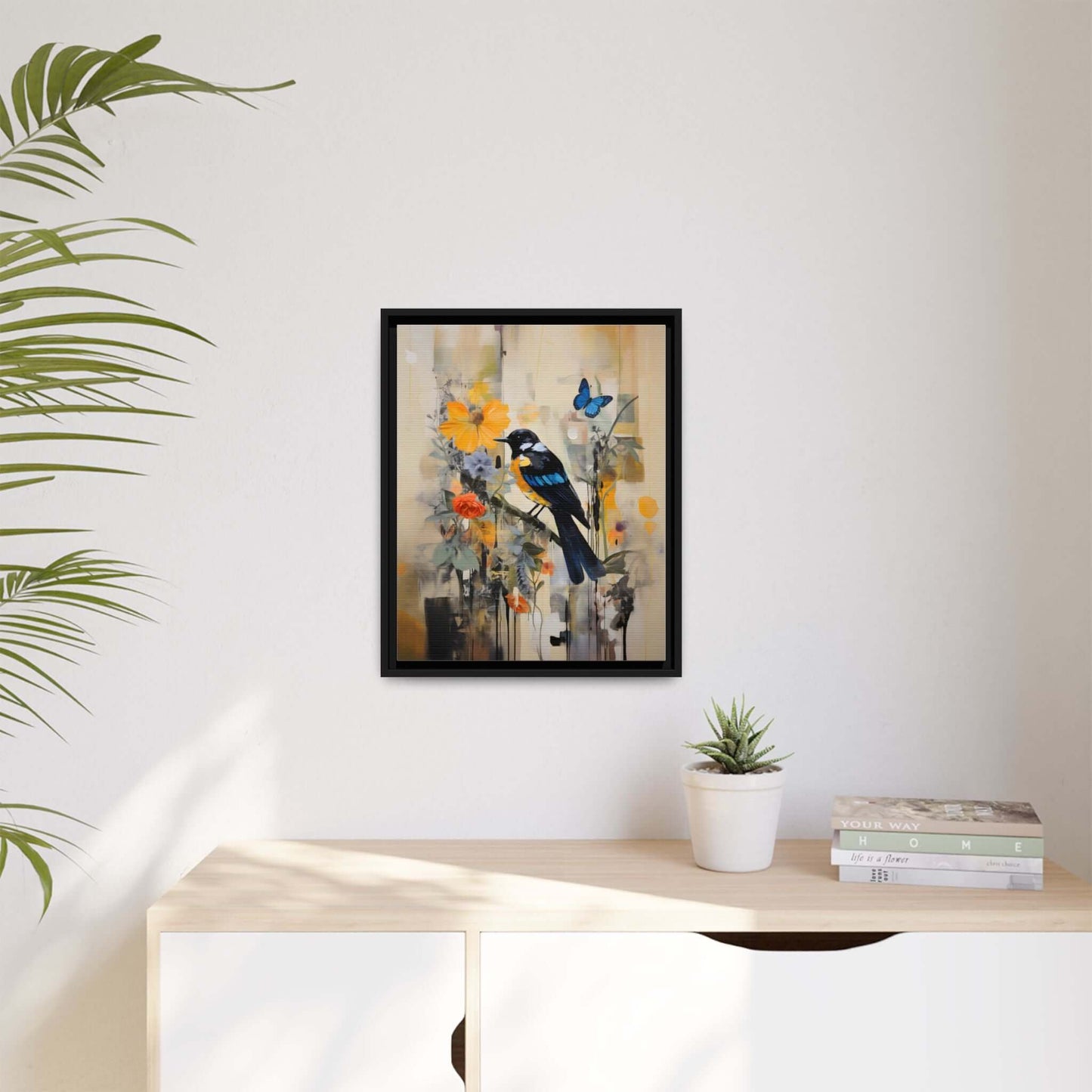 Framed colorful bird and butterfly canvas art on wall, vibrant vertical home decor piece, 16x20 inches, enhancing room ambience