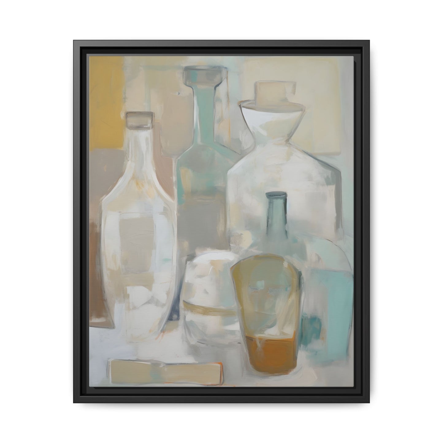 Modern Still Life Wall Art – Neutral Bottles Framed Canvas in Beige, Aqua & Amber