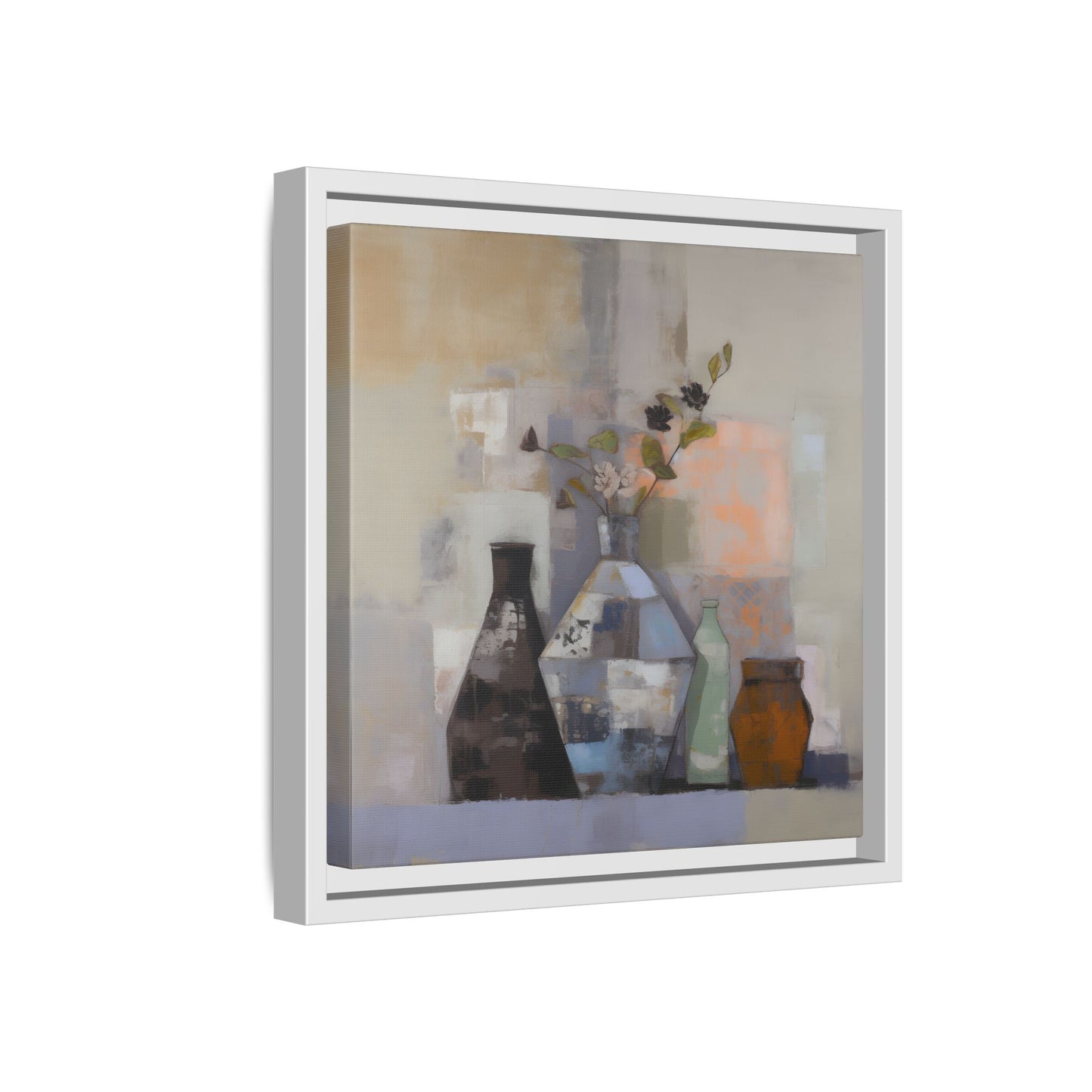Earthy Bottle Still Life Wall Art – Framed Abstract Canvas with Geometric Vases in Neutral Tones