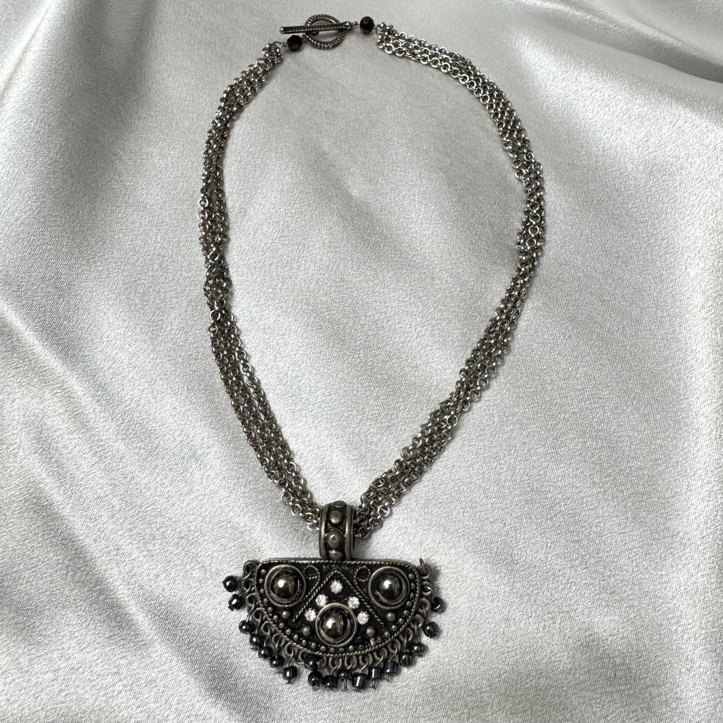 Vintage Silver-Tone Statement Necklace with Pendant and Bead Accents