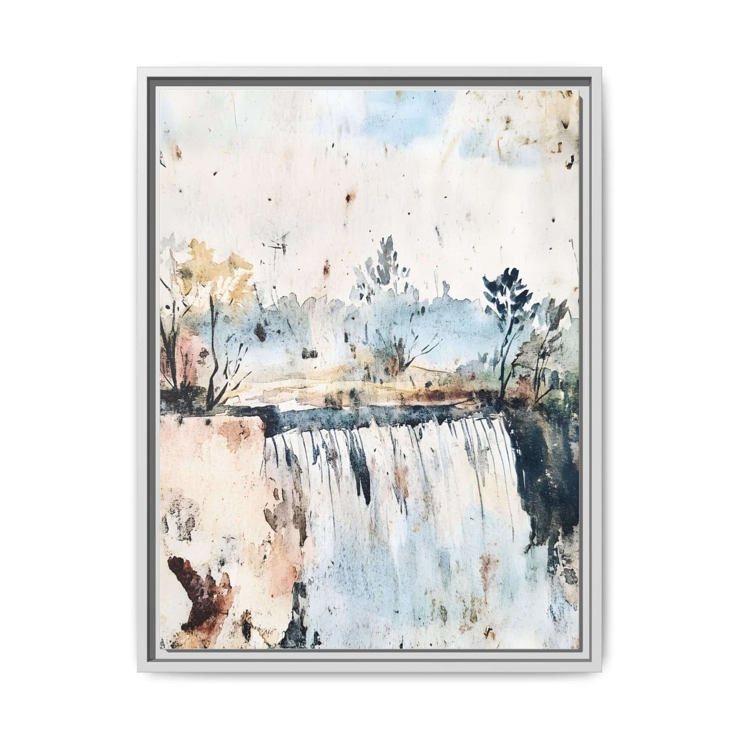 Framed watercolor wall art depicting a serene landscape with trees and waterfall, perfect for home decor, available in various sizes.