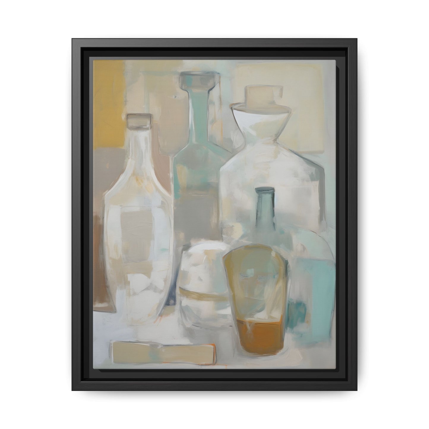 Modern Still Life Wall Art – Neutral Bottles Framed Canvas in Beige, Aqua & Amber