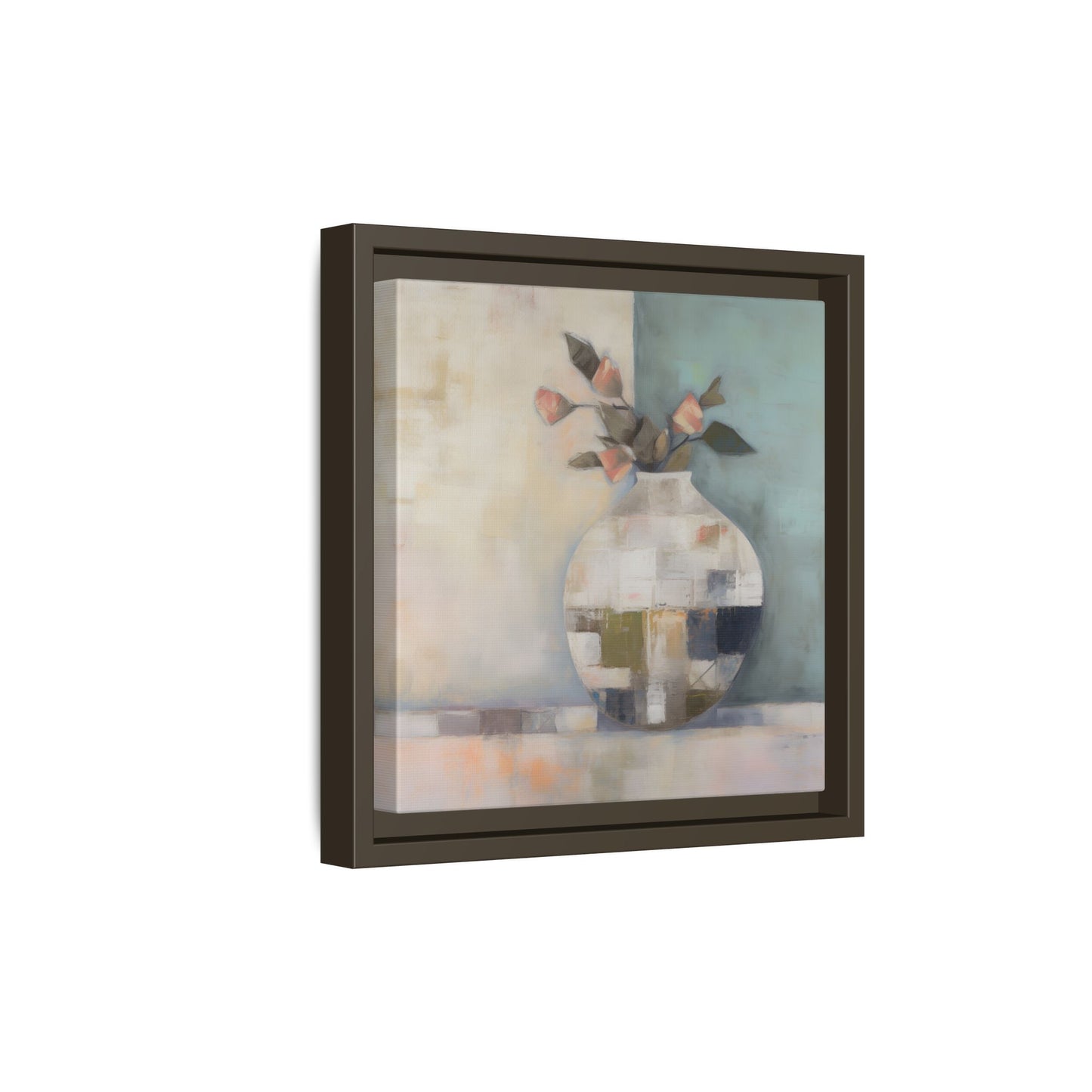 Geometric Floral Still Life Wall Art – Framed Abstract Canvas with Vase and Blush Pink Buds