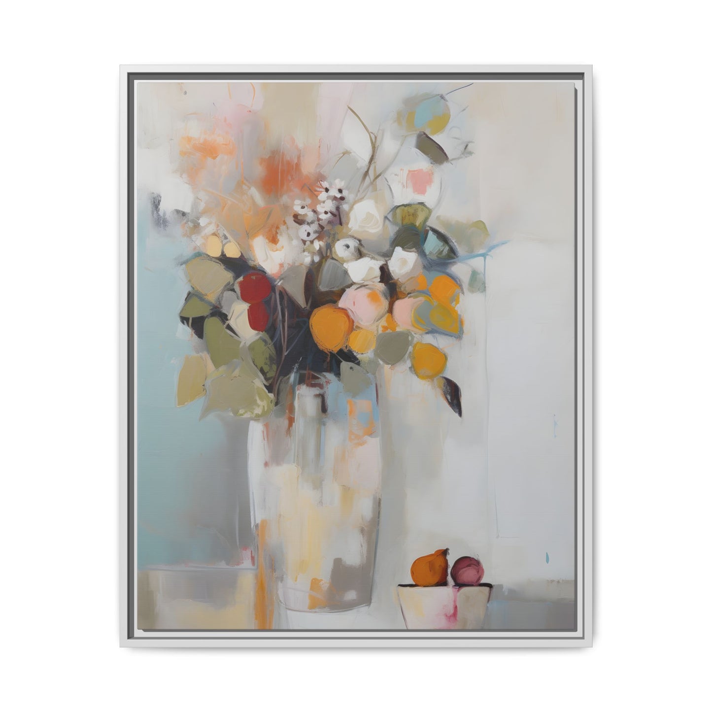 Colorful Floral Still Life Wall Art – Framed Abstract Canvas with Bright Blooms and Fruit Bowl