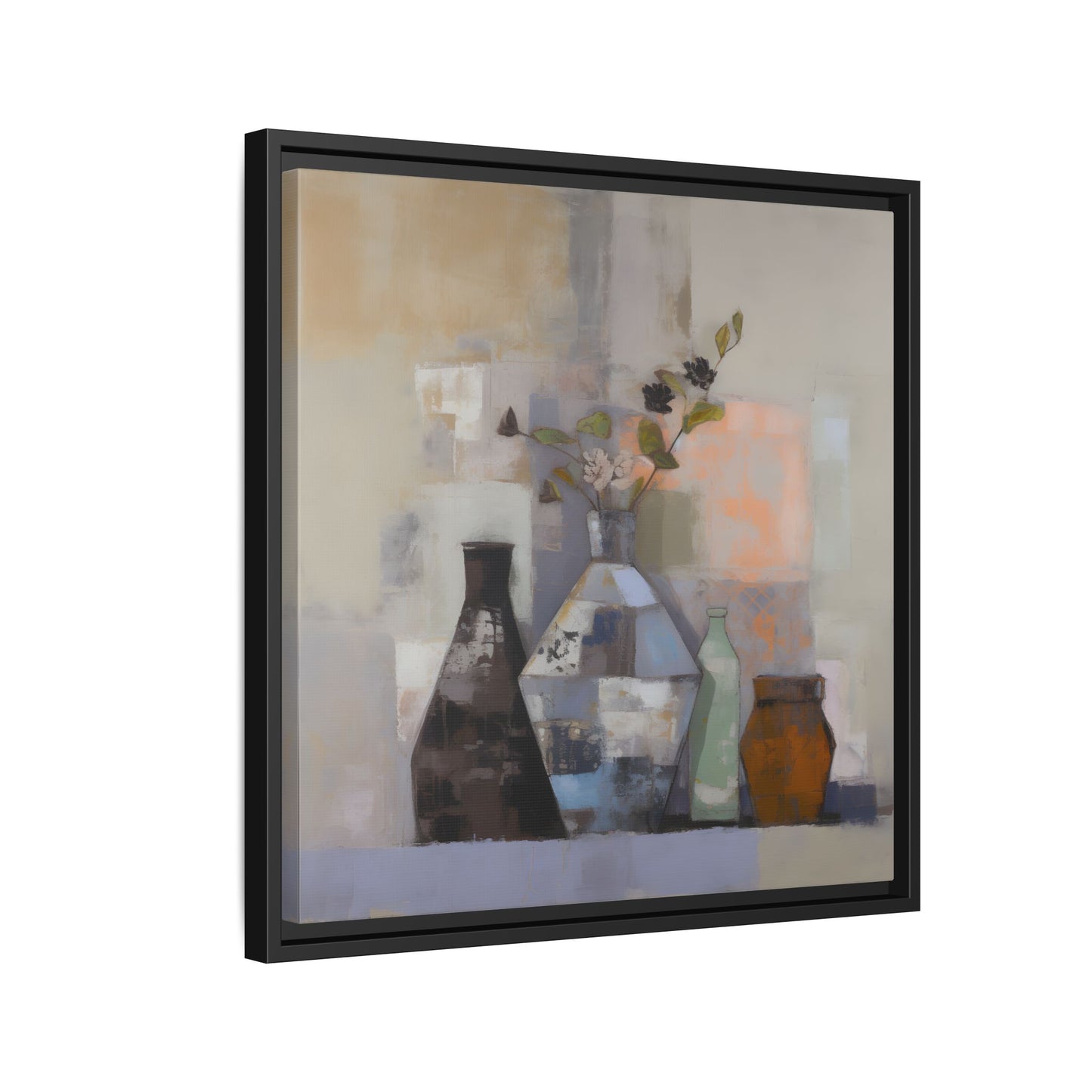 Earthy Bottle Still Life Wall Art – Framed Abstract Canvas with Geometric Vases in Neutral Tones