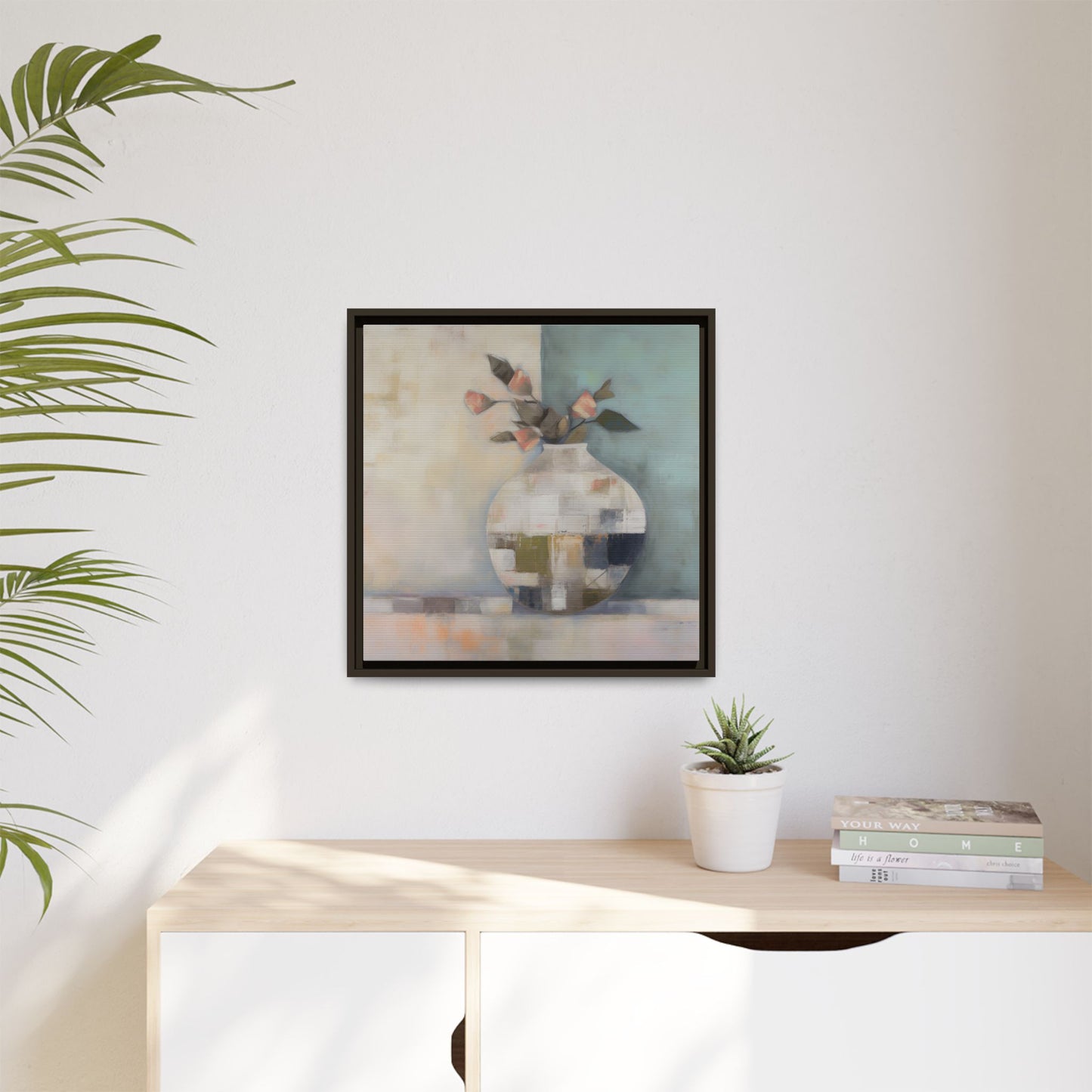 Geometric Floral Still Life Wall Art – Framed Abstract Canvas with Vase and Blush Pink Buds