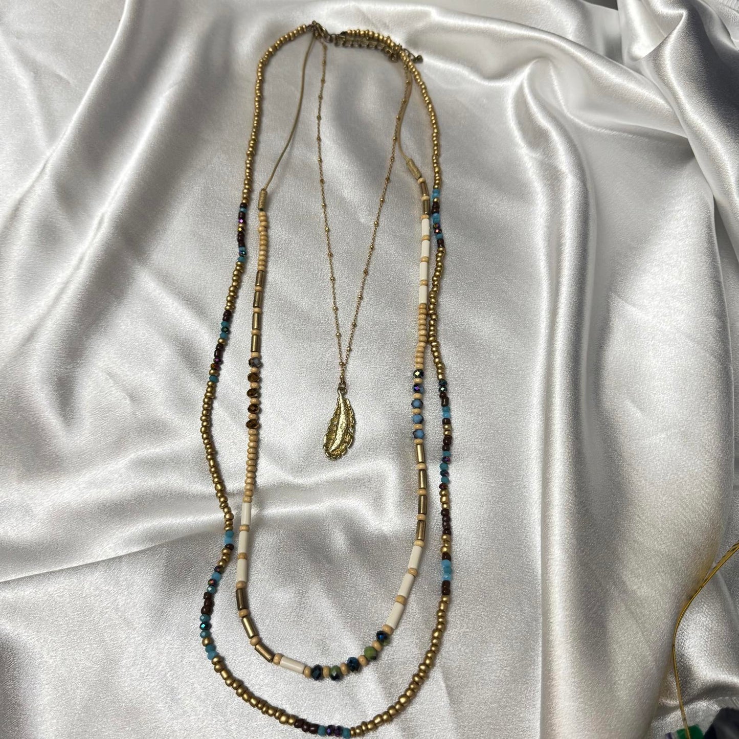 Bohemian Layered Necklace with Wood, Turquoise, and AB Color Beads/Leaf Pendant