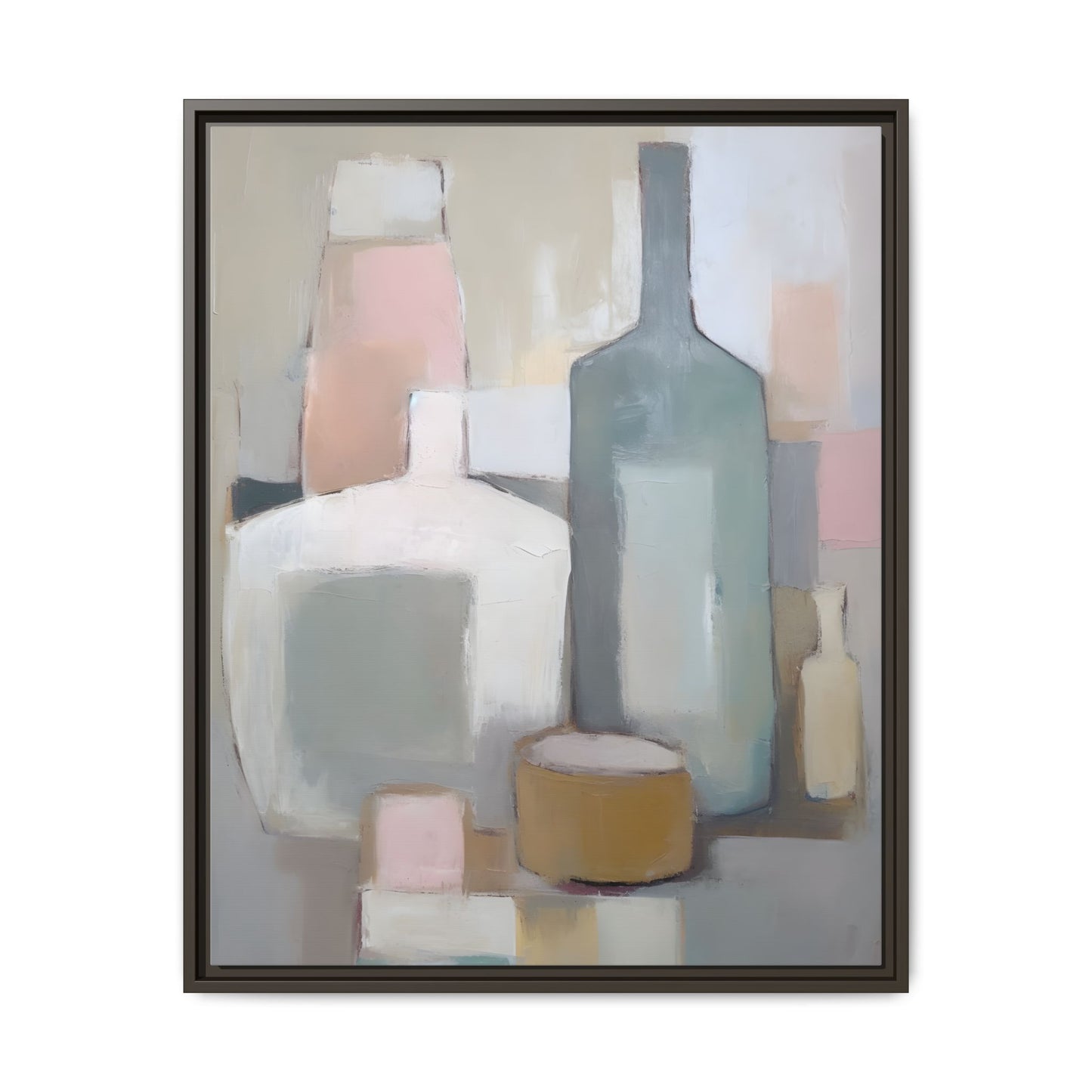 Modern Abstract Bottle Still Life Wall Art – Framed Canvas in Soft Pink, Blue, and Beige