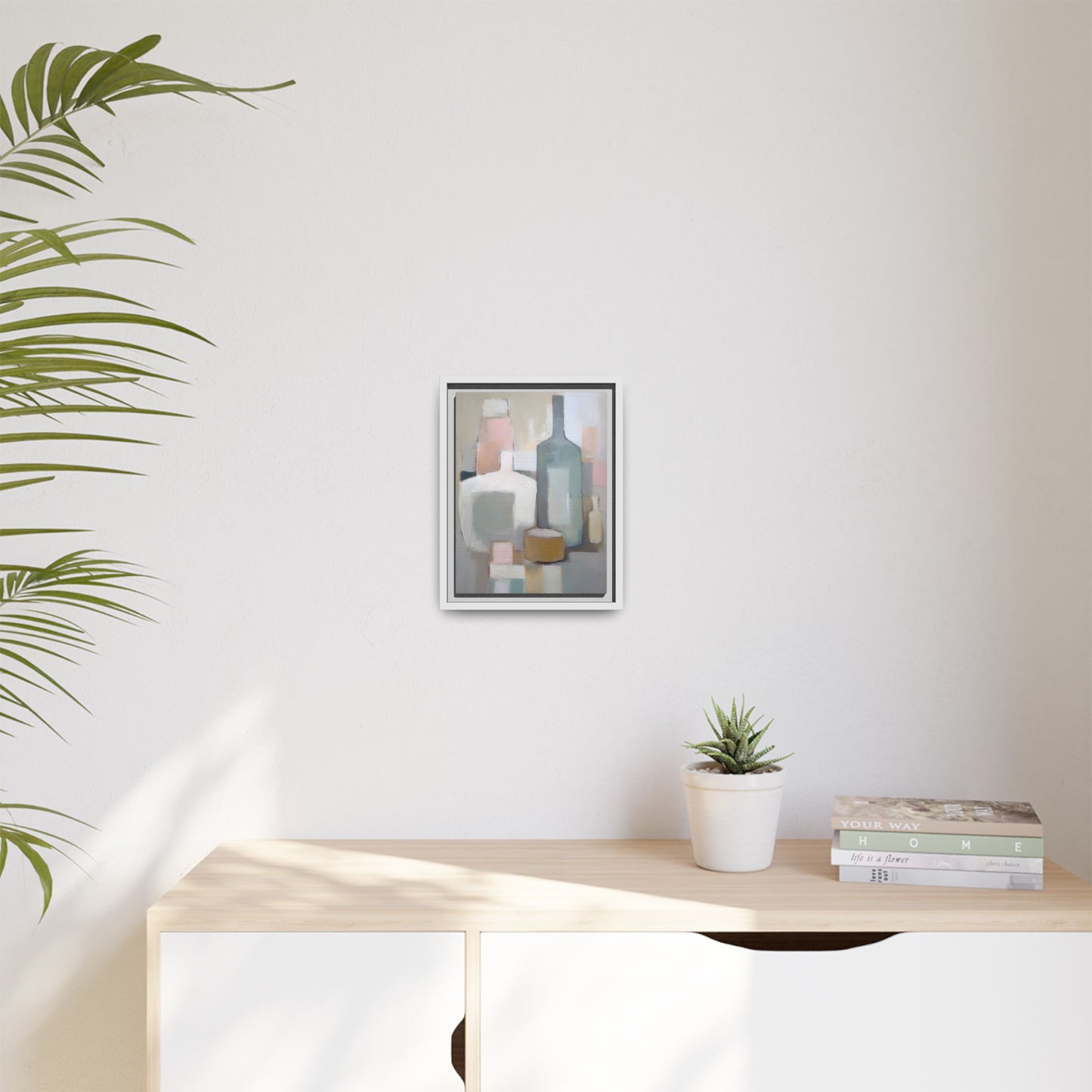 Modern Abstract Bottle Still Life Wall Art – Framed Canvas in Soft Pink, Blue, and Beige
