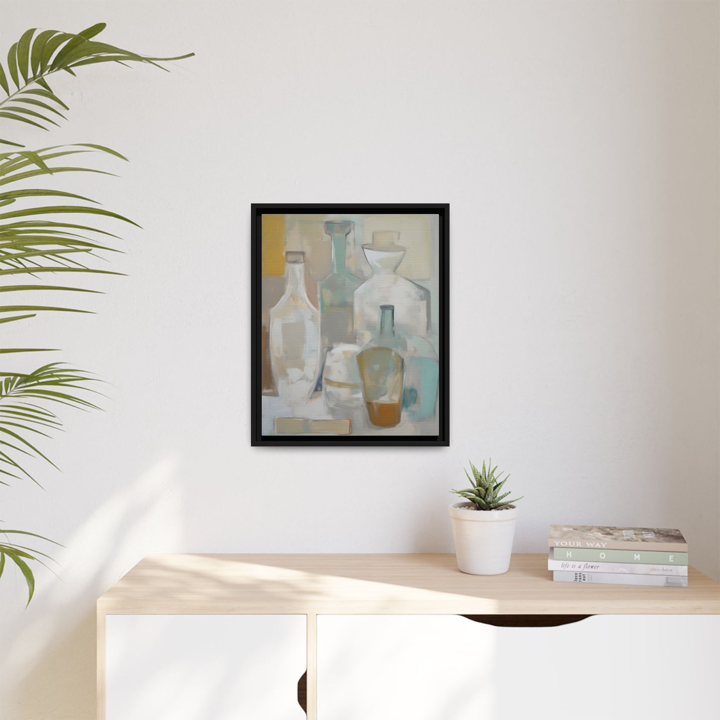 Modern Still Life Wall Art – Neutral Bottles Framed Canvas in Beige, Aqua & Amber