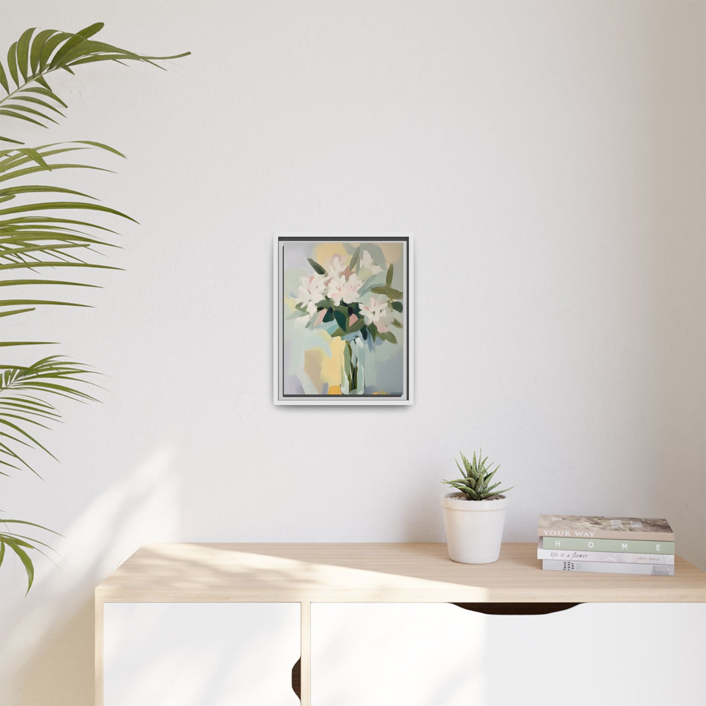 Soft Abstract Floral Wall Art – Framed Modern Canvas with White Flowers in Green Vase