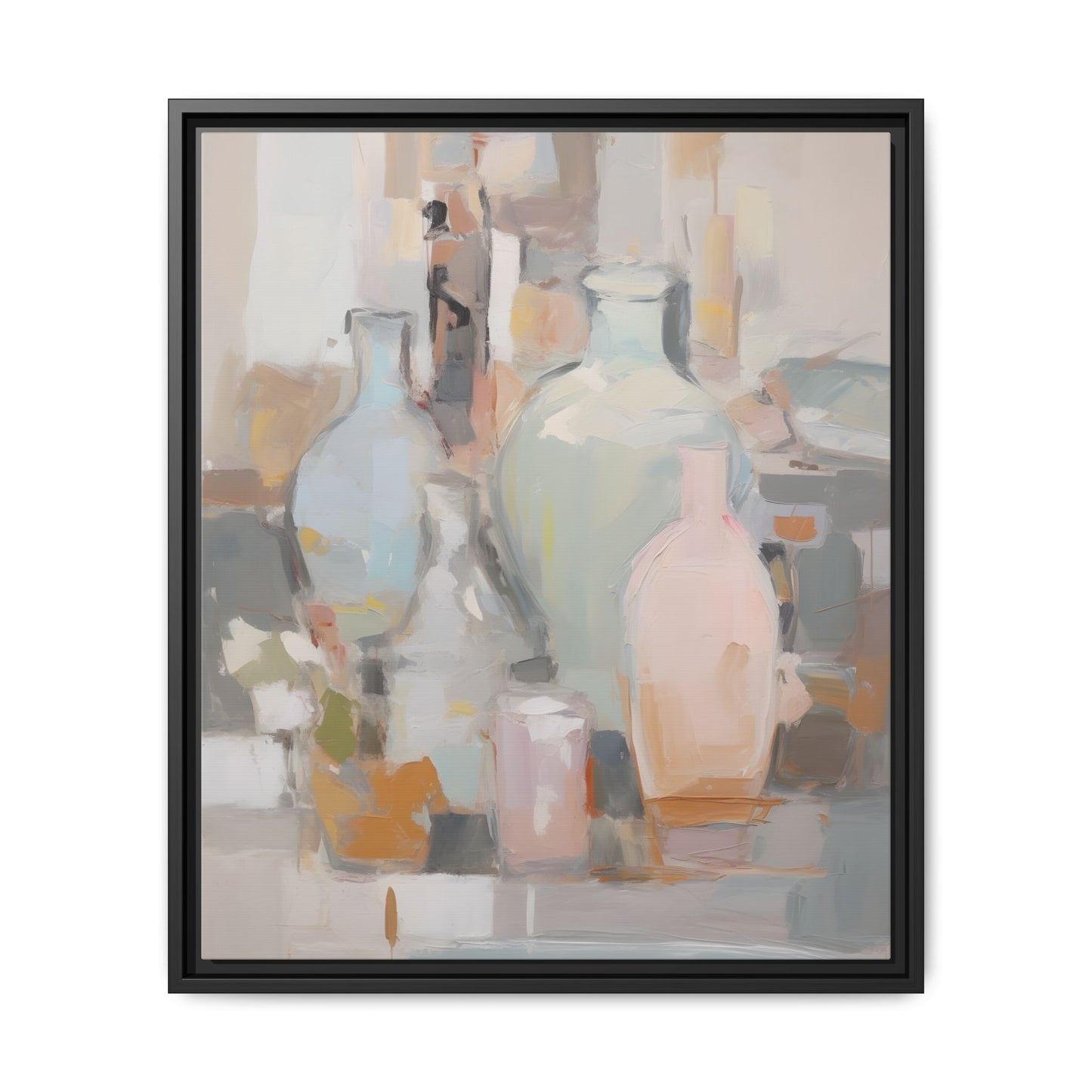 Modern Abstract Still Life Wall Art – Colorful Framed Canvas with Blue, Pink & Terracotta Bottles