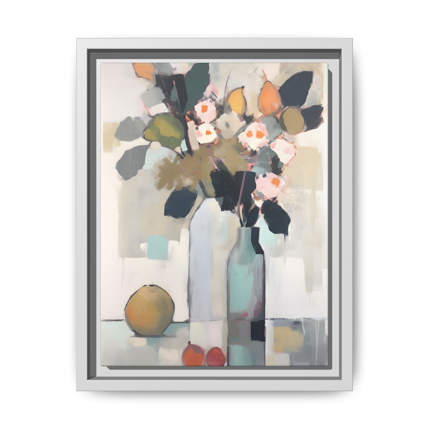 Modern Floral Still Life Wall Art – Framed Canvas with Bold Leaves and Citrus in Vase