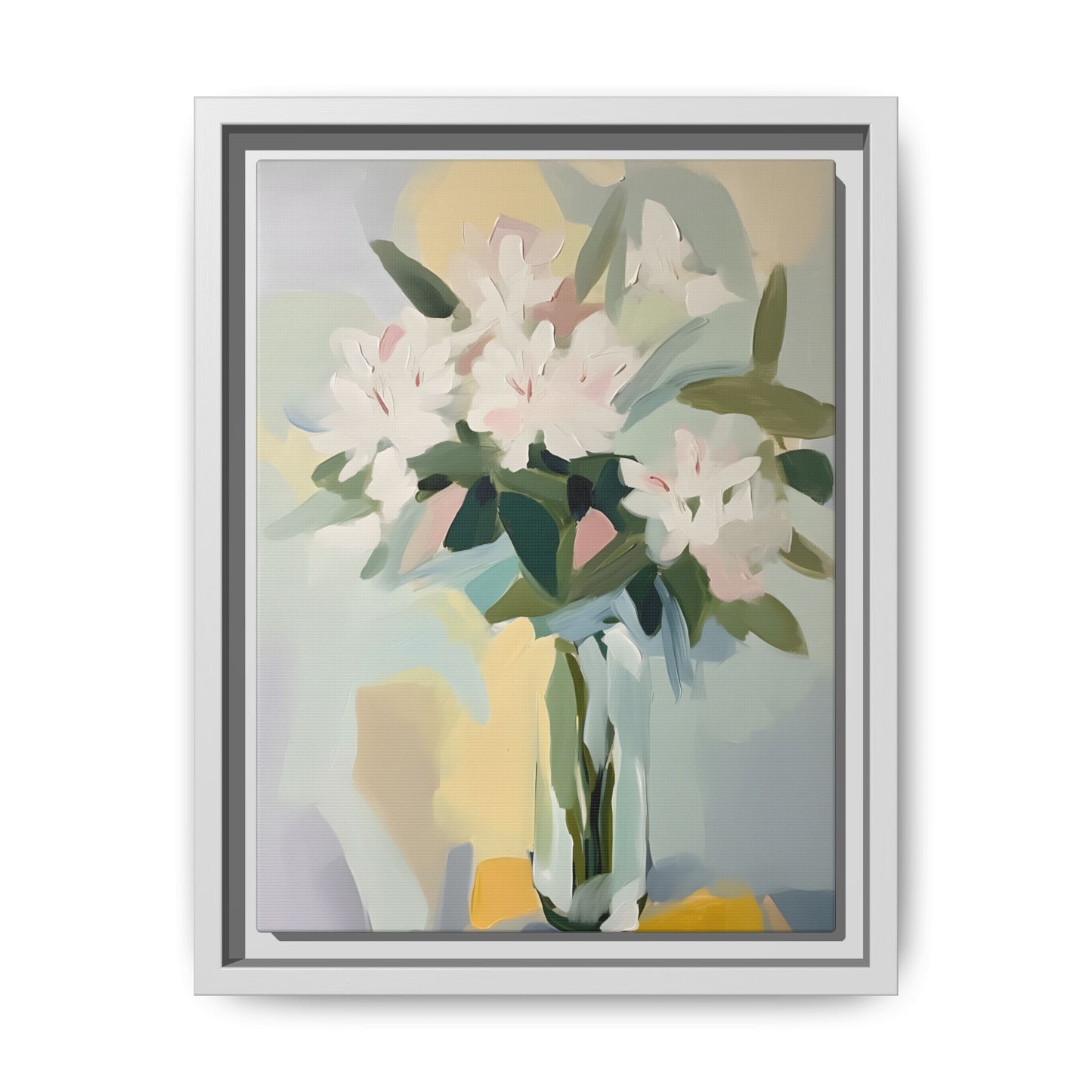 Soft Abstract Floral Wall Art – Framed Modern Canvas with White Flowers in Green Vase
