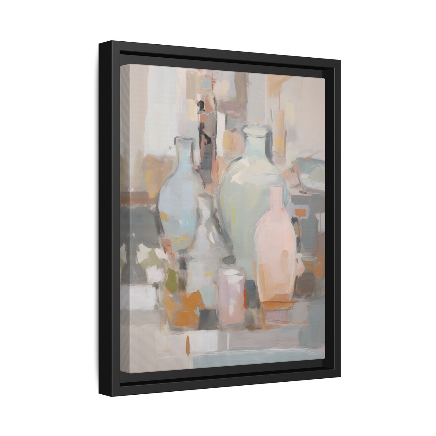 Modern Abstract Still Life Wall Art – Colorful Framed Canvas with Blue, Pink & Terracotta Bottles