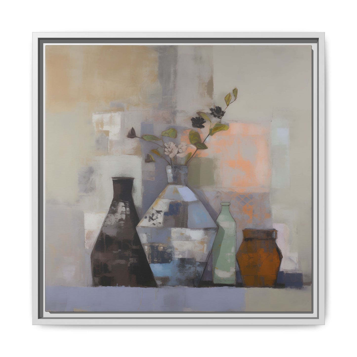 Earthy Bottle Still Life Wall Art – Framed Abstract Canvas with Geometric Vases in Neutral Tones