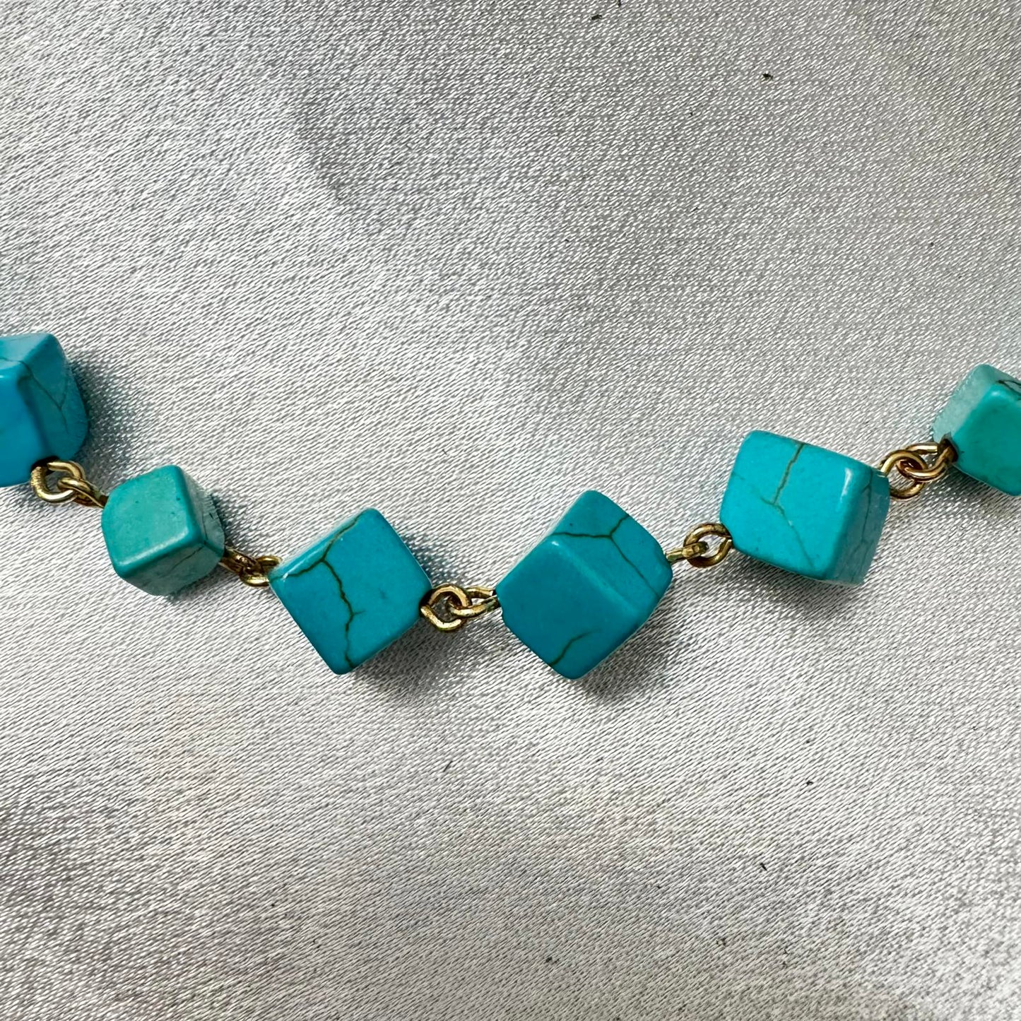 Turquoise Color Cubed Bead and Gold Tone Chain Necklace BoHo Classic Statement