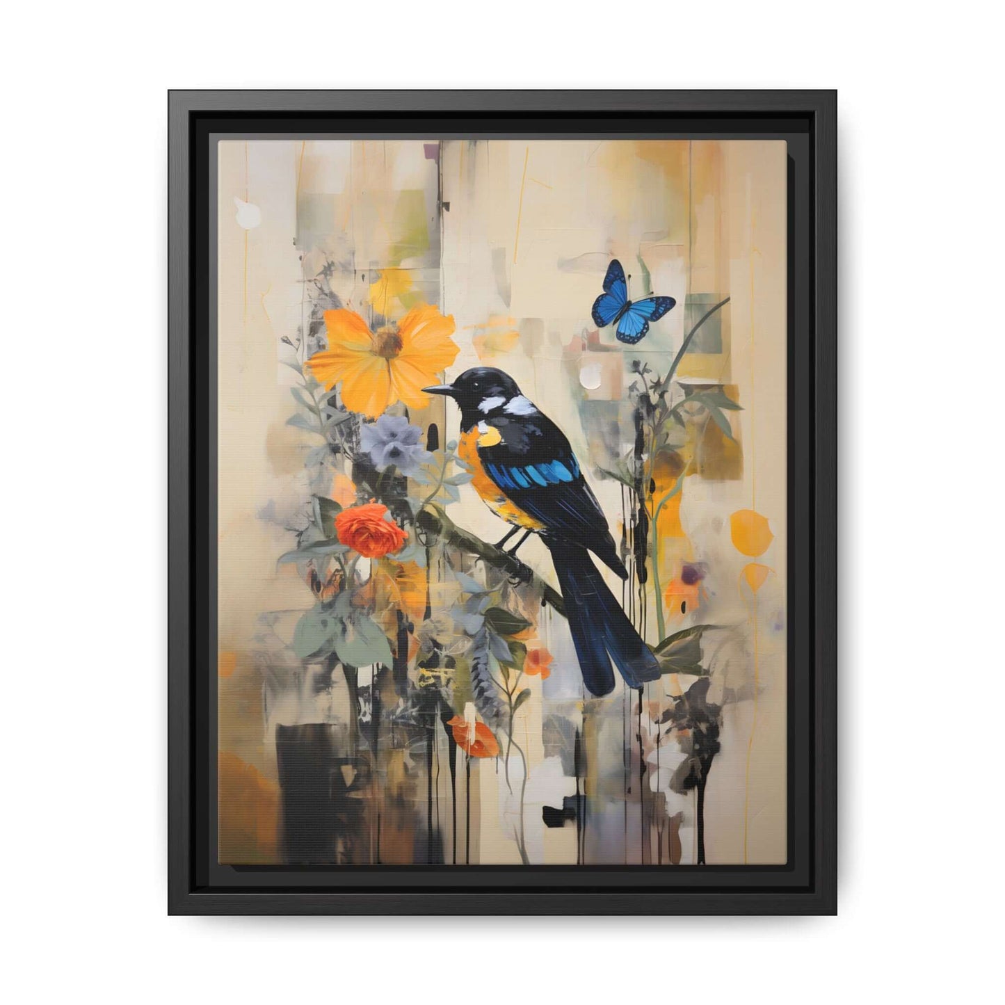 Framed colorful bird and butterfly canvas art with vibrant flowers, perfect for home decor, available in various vertical sizes.