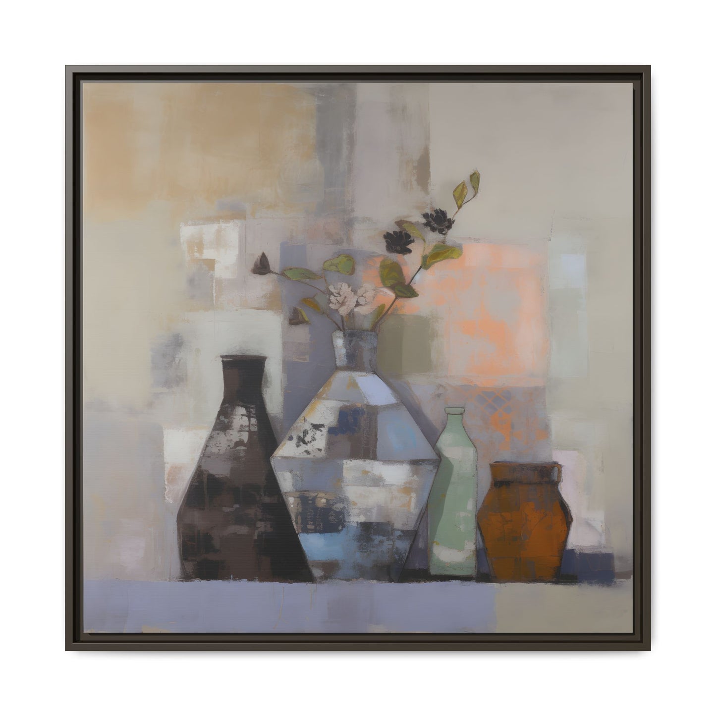 Earthy Bottle Still Life Wall Art – Framed Abstract Canvas with Geometric Vases in Neutral Tones