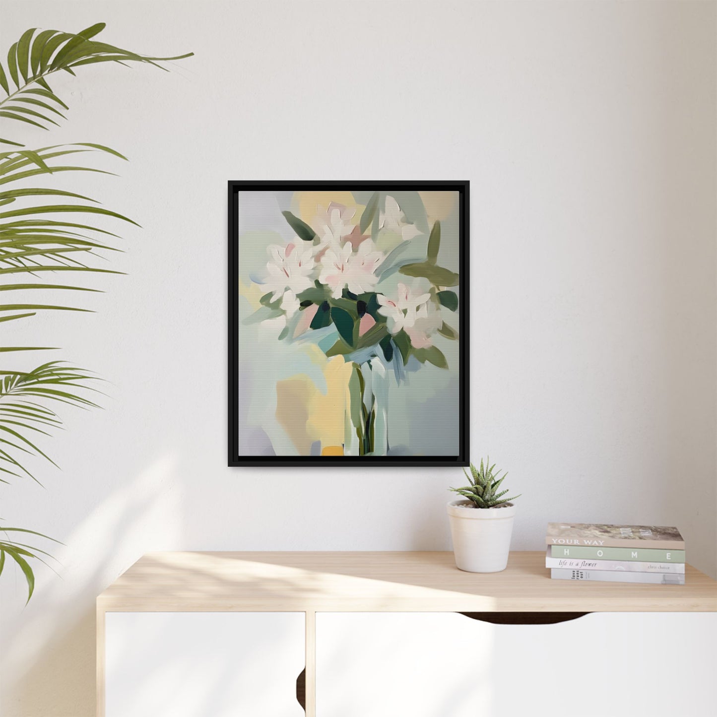 Soft Abstract Floral Wall Art – Framed Modern Canvas with White Flowers in Green Vase
