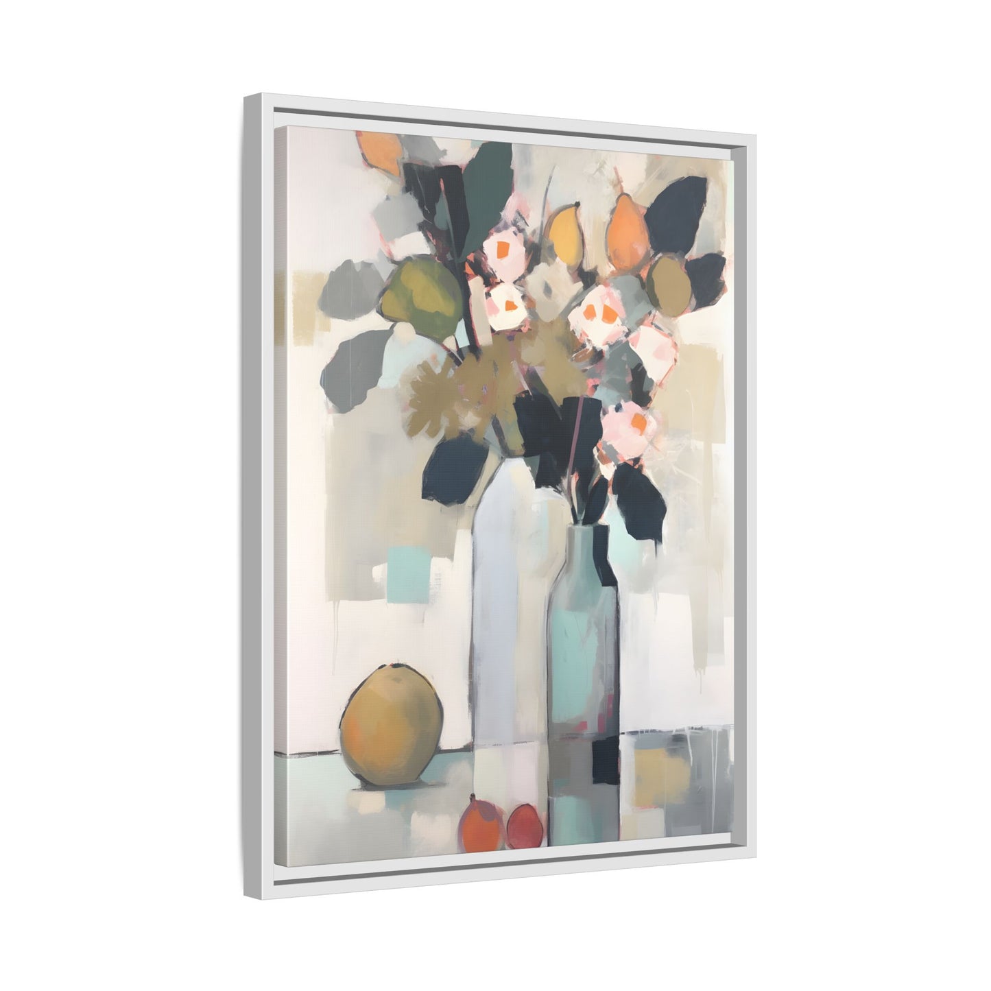 Modern Floral Still Life Wall Art – Framed Canvas with Bold Leaves and Citrus in Vase