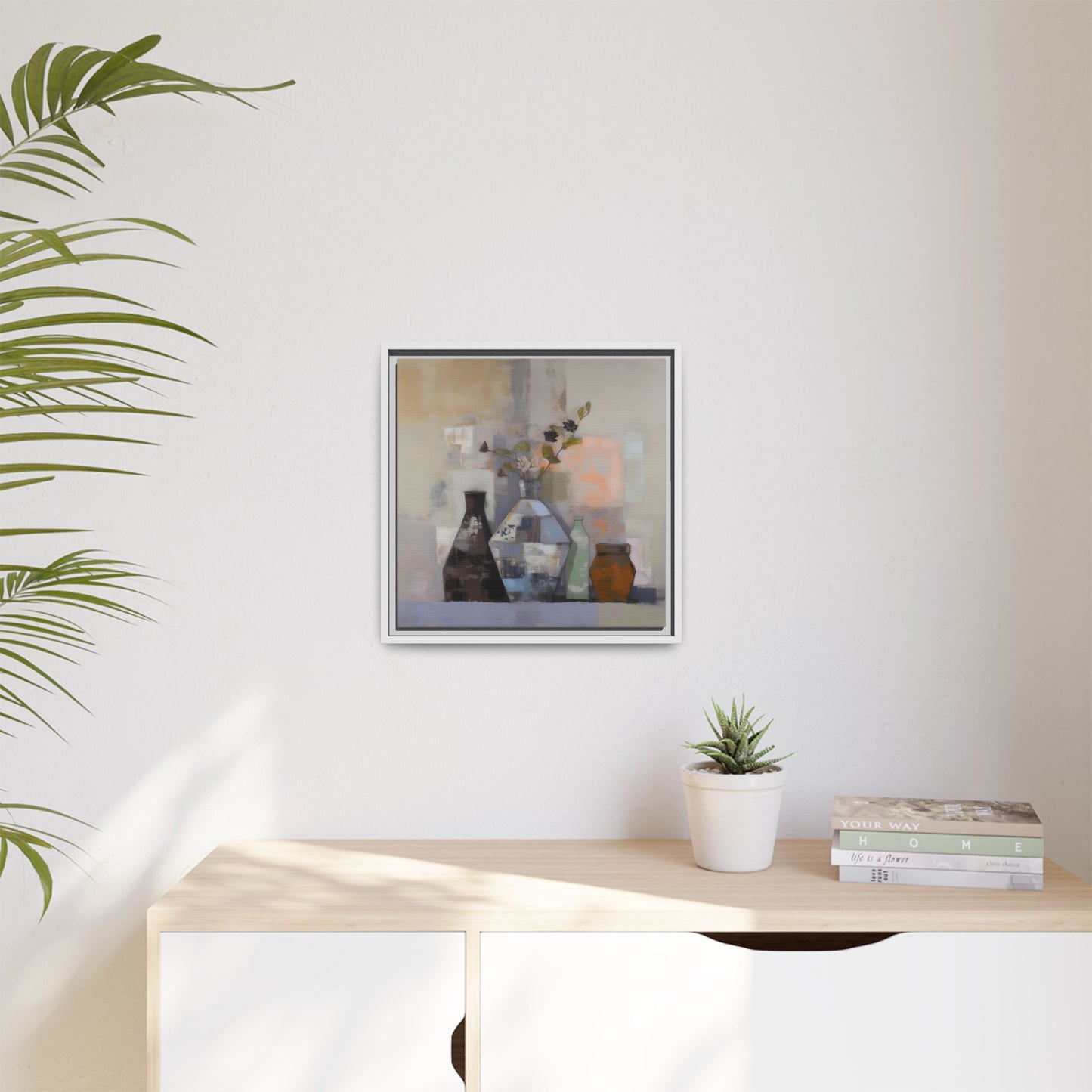 Earthy Bottle Still Life Wall Art – Framed Abstract Canvas with Geometric Vases in Neutral Tones