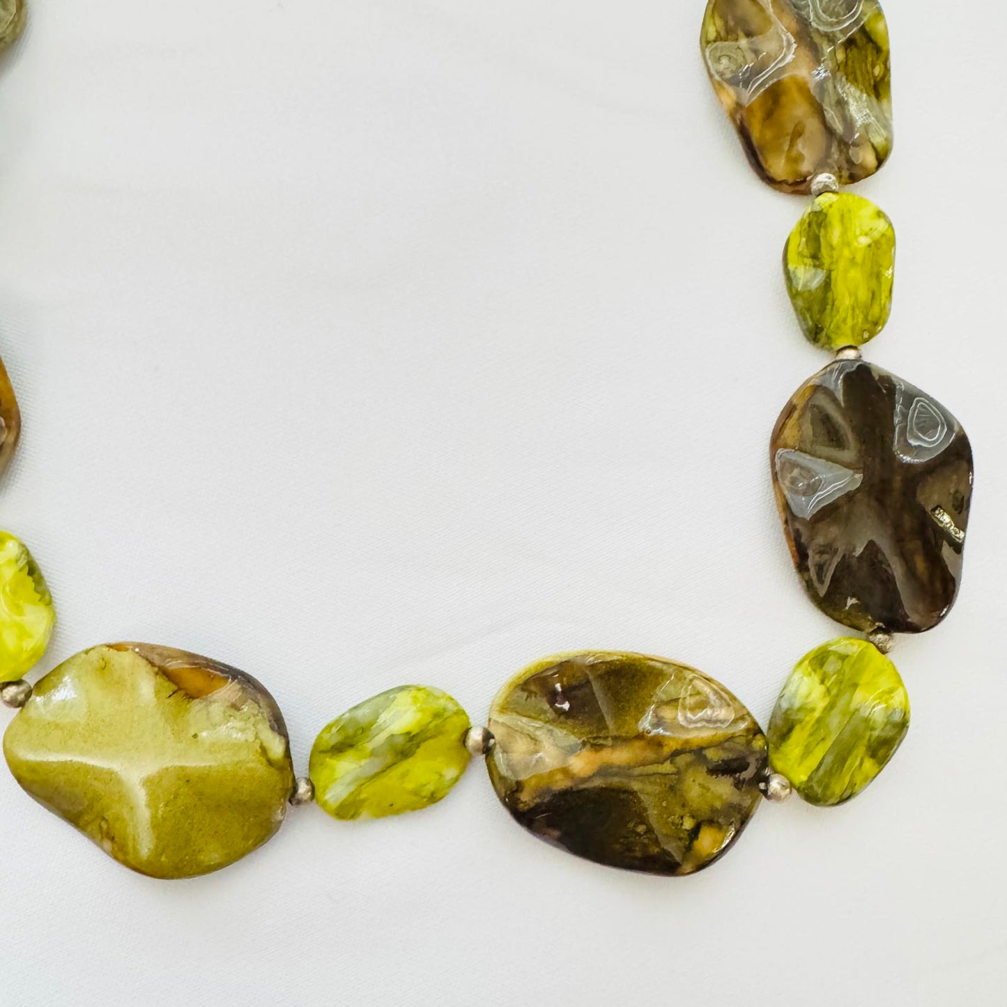 Chunky Marbled Bead Necklace Green Amber Yellow Statement Jewelry Artisan Style