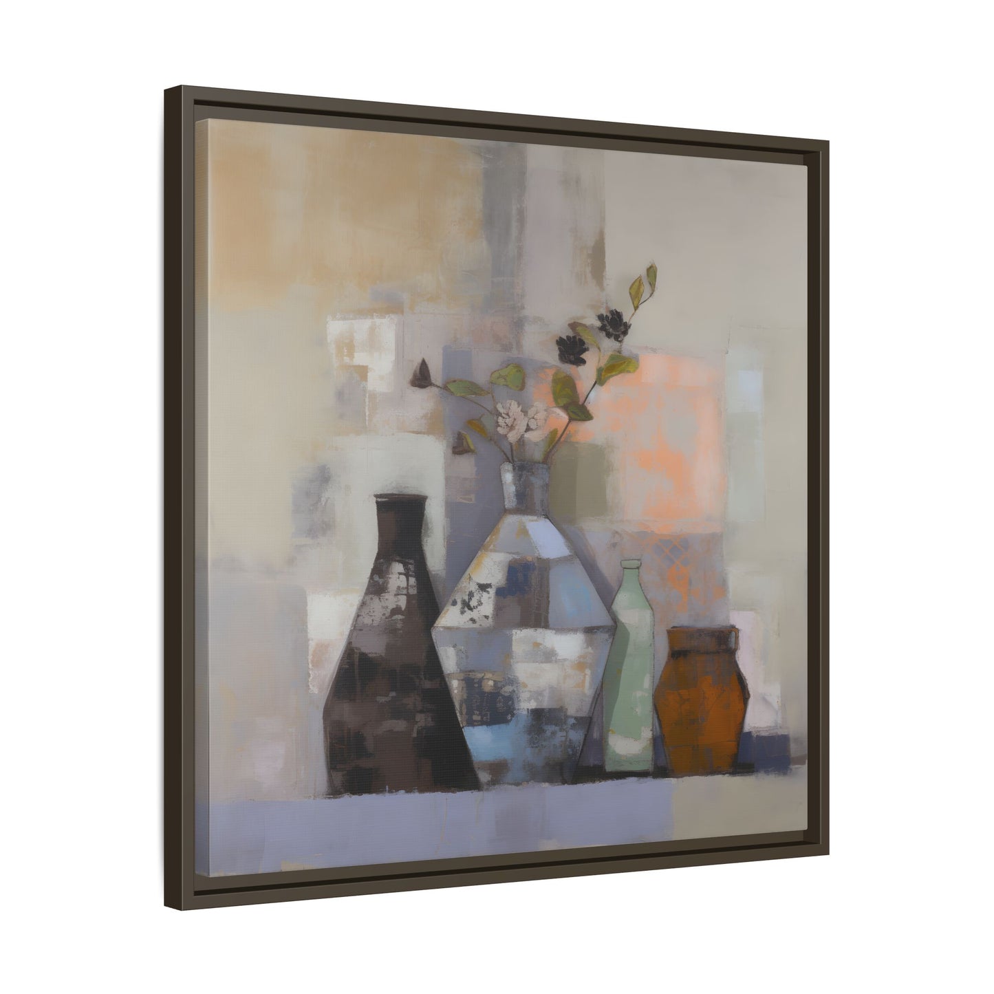 Earthy Bottle Still Life Wall Art – Framed Abstract Canvas with Geometric Vases in Neutral Tones