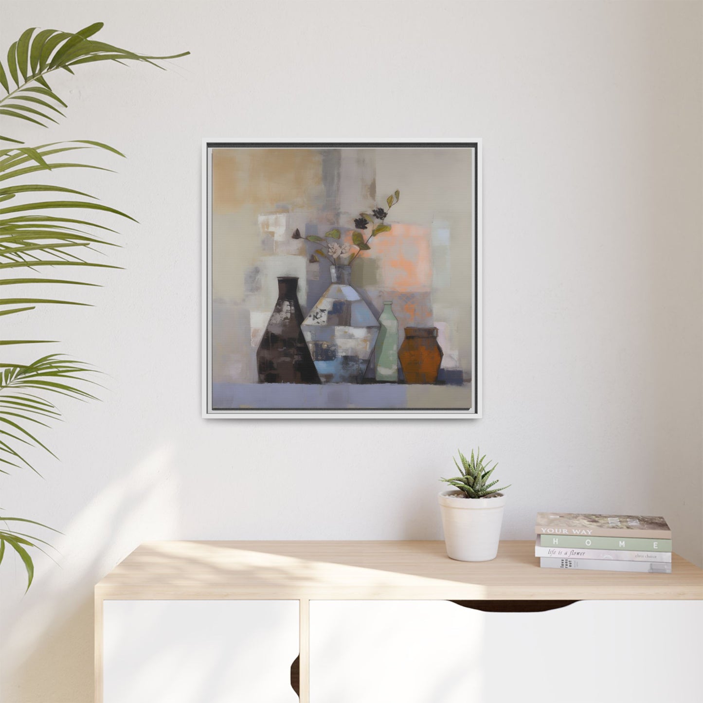 Earthy Bottle Still Life Wall Art – Framed Abstract Canvas with Geometric Vases in Neutral Tones