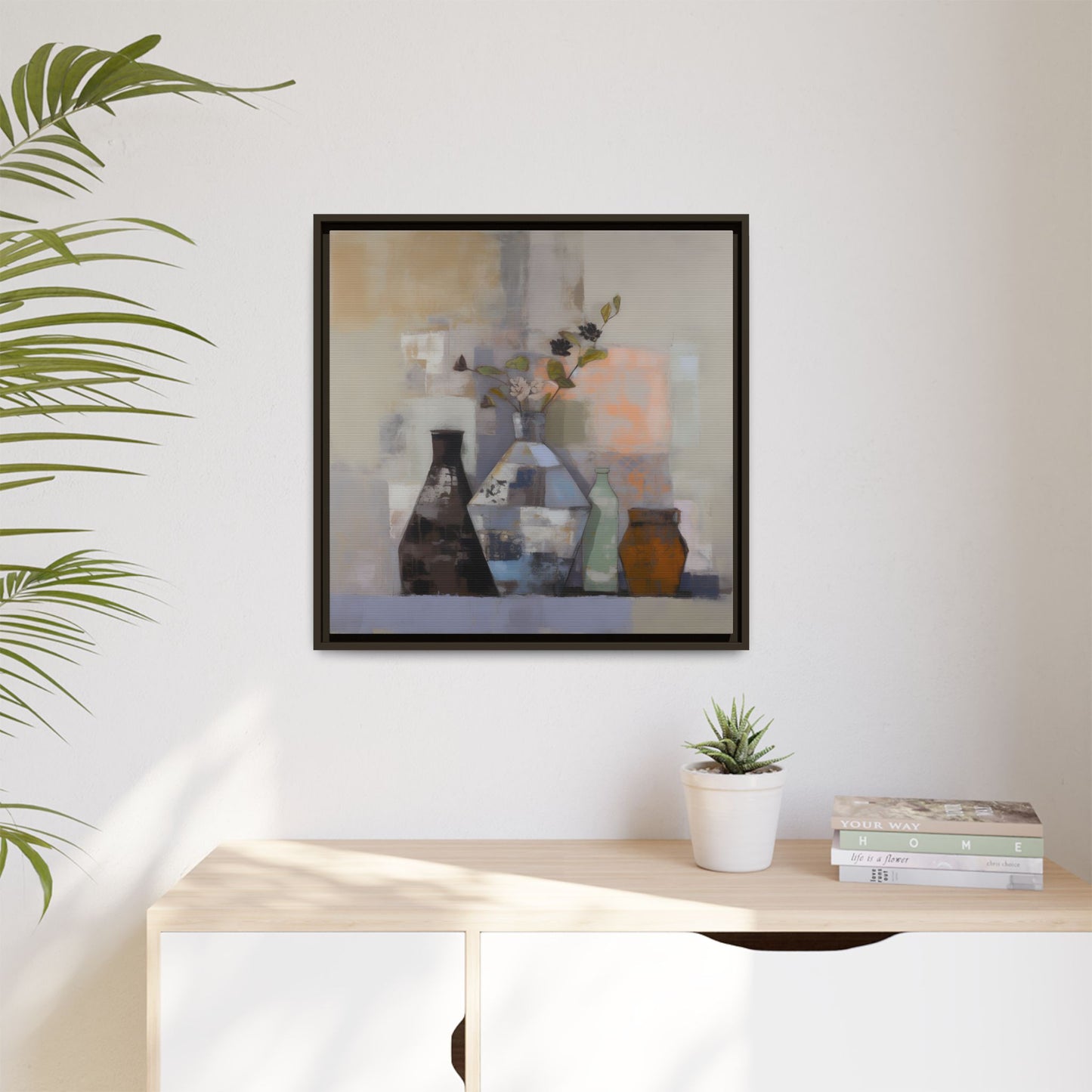 Earthy Bottle Still Life Wall Art – Framed Abstract Canvas with Geometric Vases in Neutral Tones