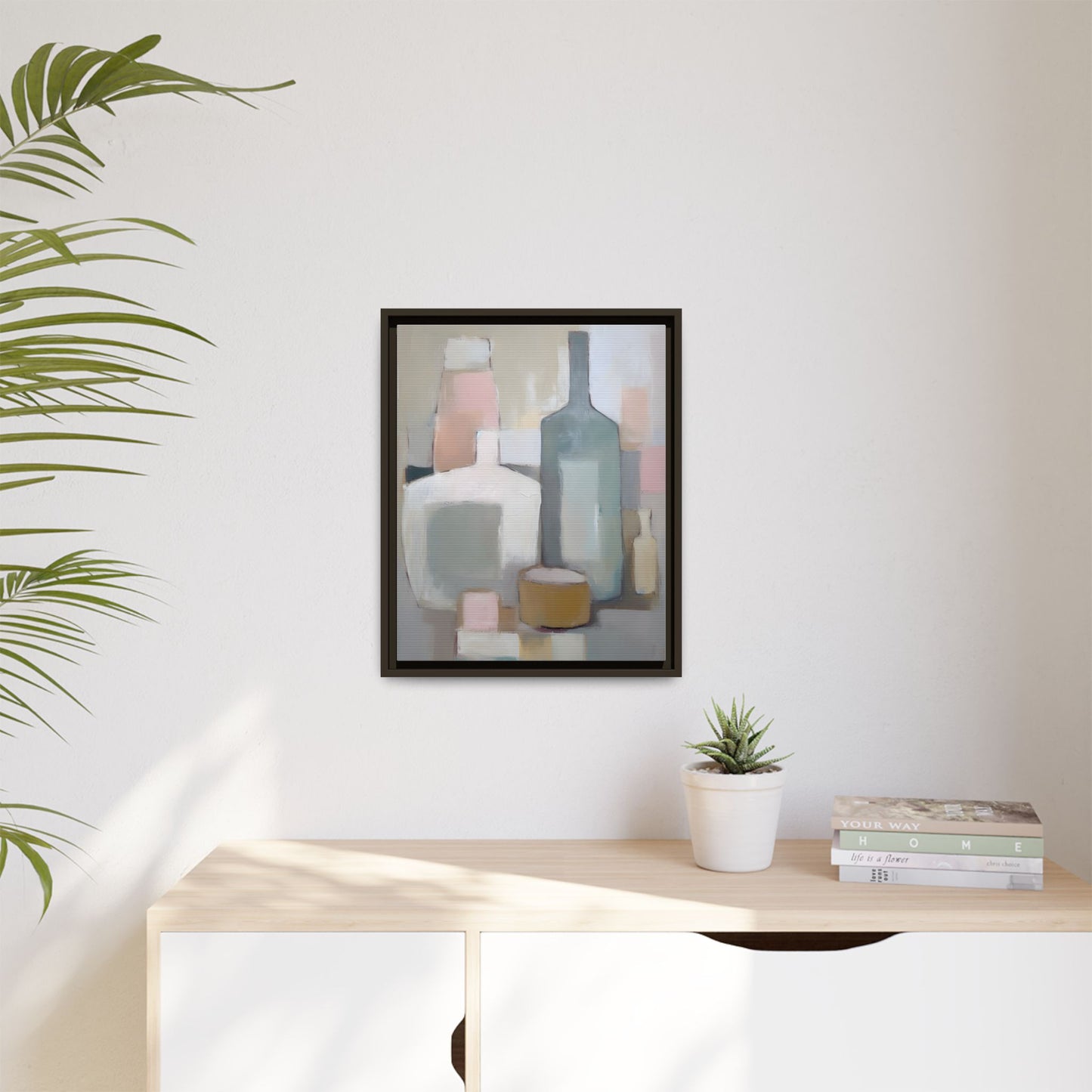 Modern Abstract Bottle Still Life Wall Art – Framed Canvas in Soft Pink, Blue, and Beige